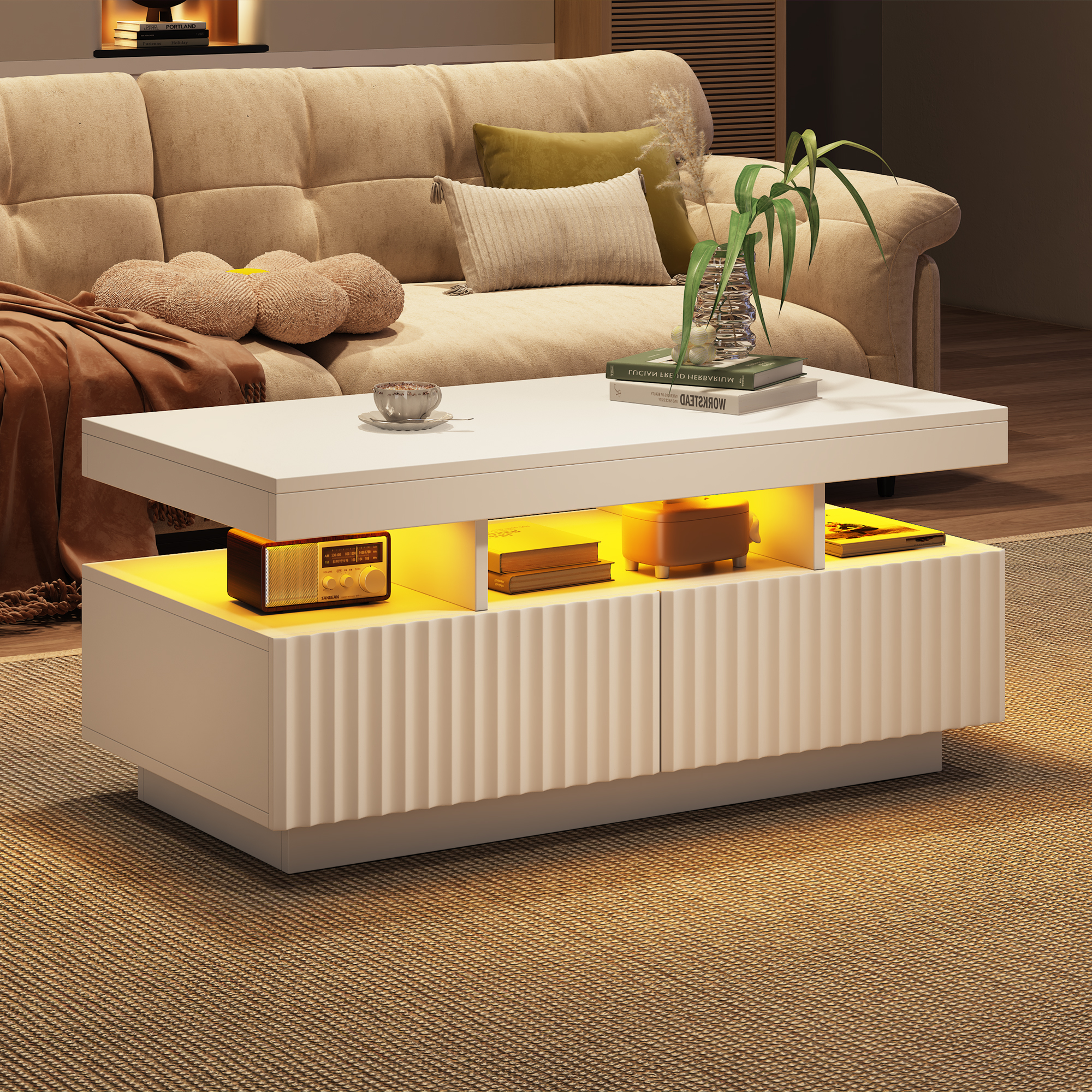 Coffee Table With LED Lights, 2drawers, Ribbed Decorative Centre Sofa Side — image 5