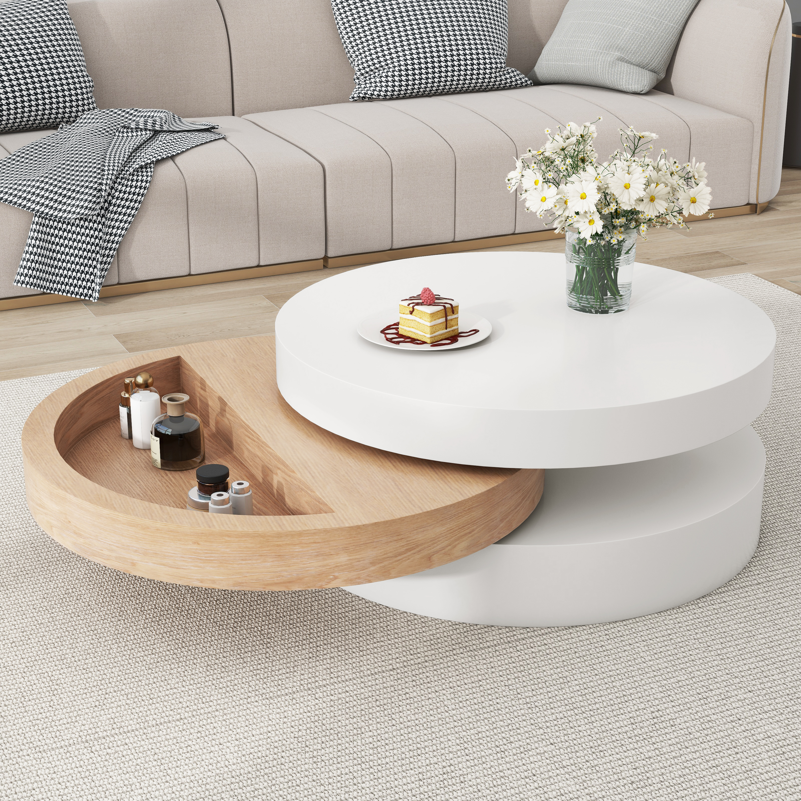 Round Rotating Coffee Table, 360 Rotating Tabletop,  End Table, 3 Layer Sofa Sidetable, Hidden Storage Space, 60x60x35,1 Cm, MDF, White Wood