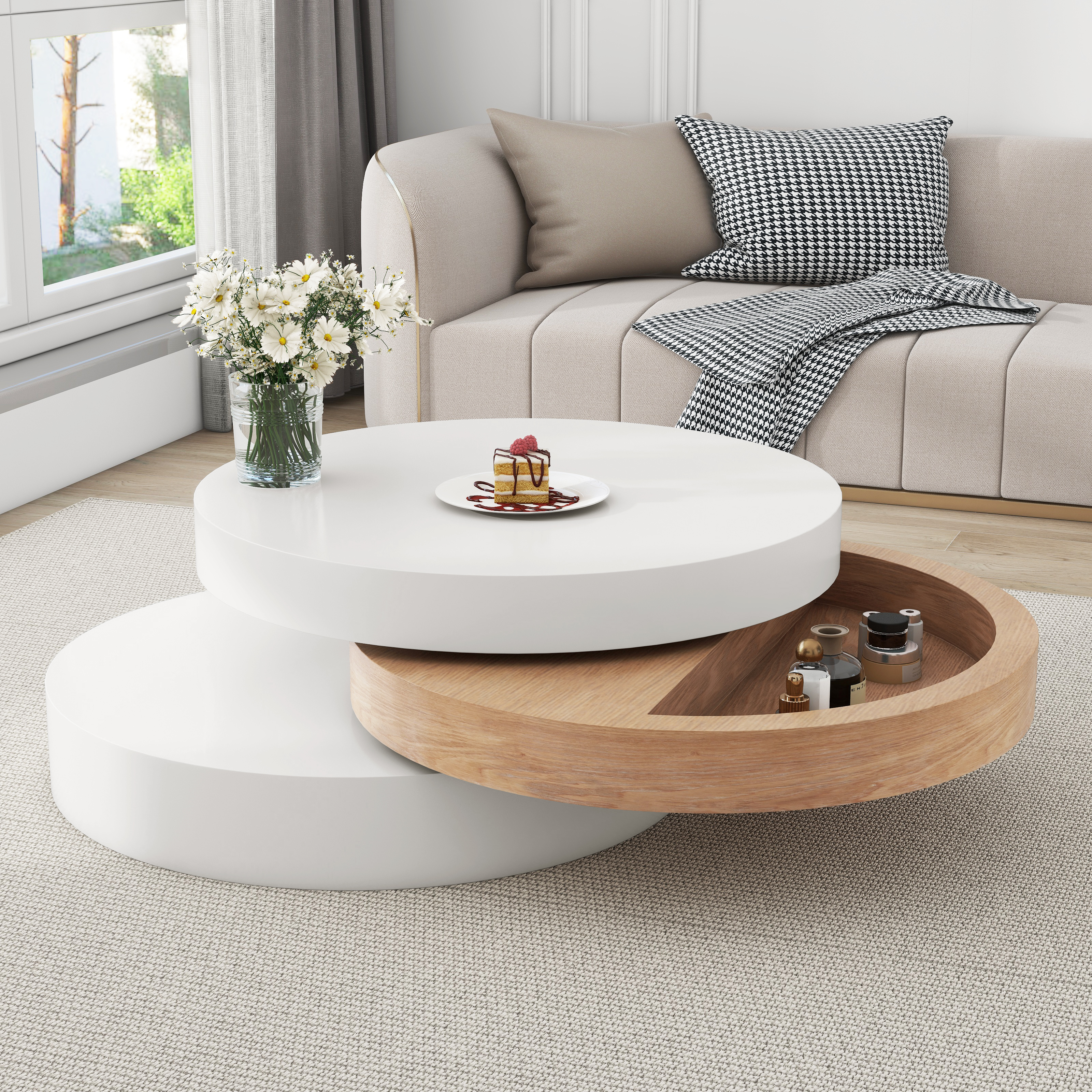 Round Rotating Coffee Table, 360 Rotating Tabletop,  End Table, 3 Layer Sofa Sidetable, Hidden Storage Space, 60x60x35,1 Cm, MDF, White Wood