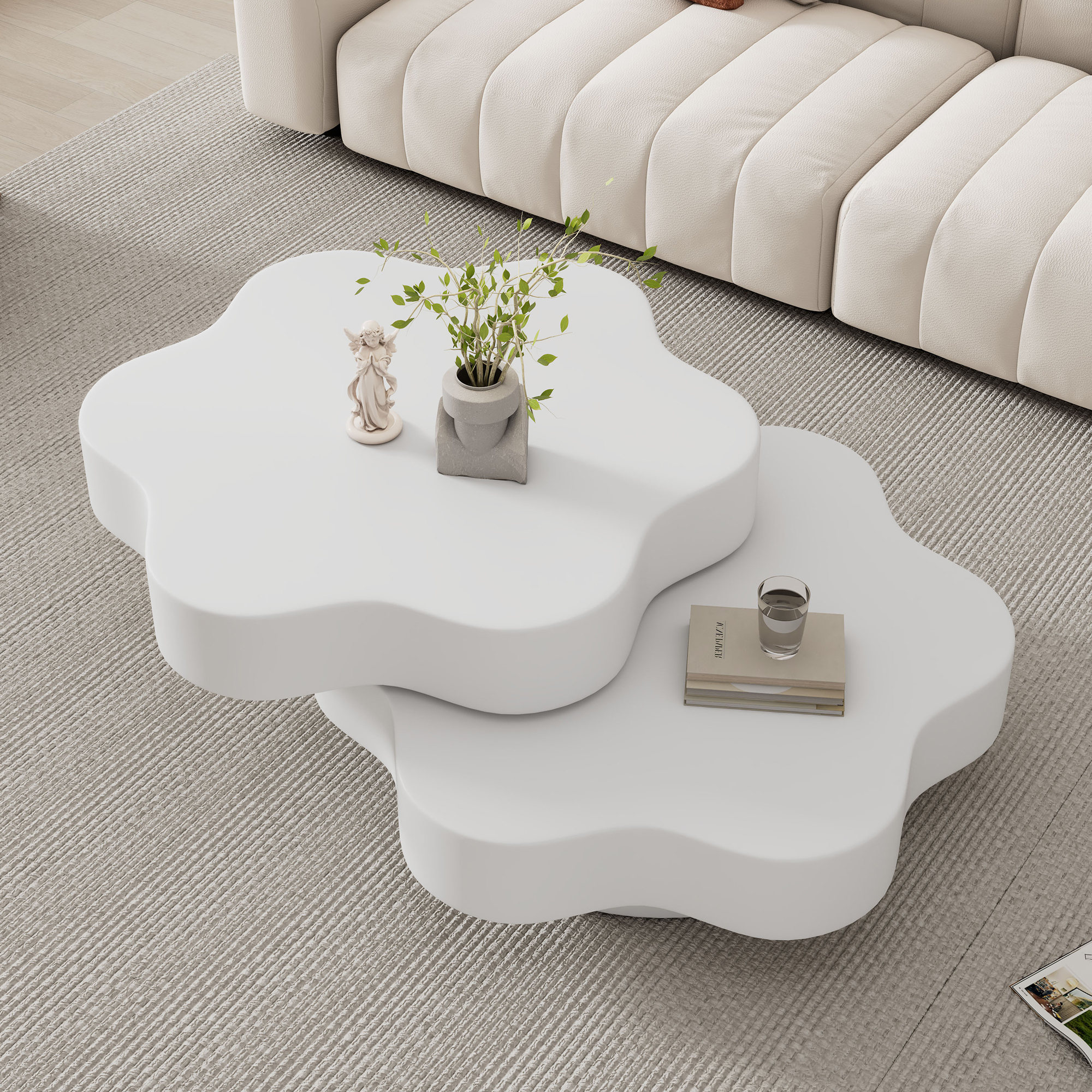 Flower-shaped Coffee Table, 360 Rotating Tabletop, Rotating End Table, Double-layer Sofa Sidetable, 2 Shelves,  Load Capacity 30kg, 74.8x67.5x31cm, MDF, Cream White