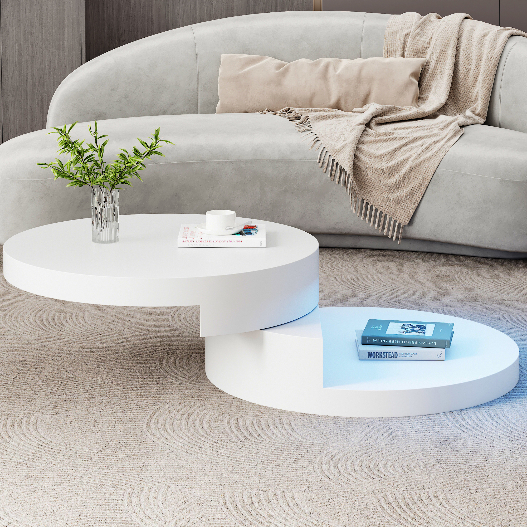 Round Rotating Coffee Table With LED Lights, 360 Rotating Tabletop, End Table, Double Layer Sofa Sidetable, Open Storage Space, 70x70x35.5cm, MDF, White