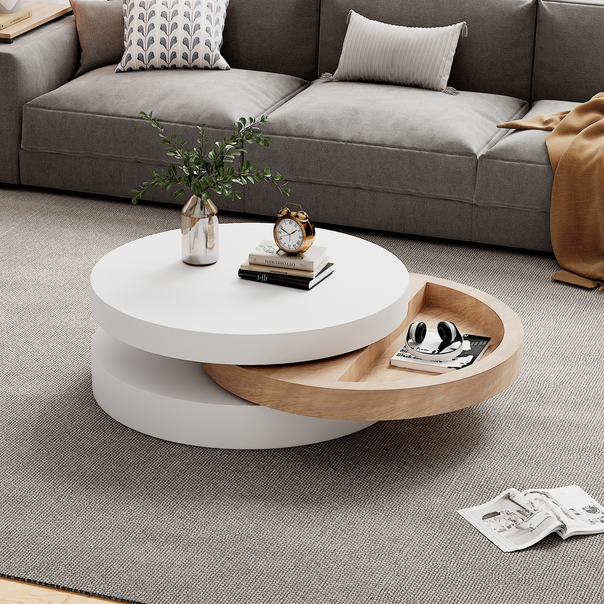 Round Rotating Coffee Table, 360 Rotating Tabletop,  End Table, 3 Layer Sofa Sidetable, Hidden Storage Space, 60x60x35,1 Cm, MDF, White Wood