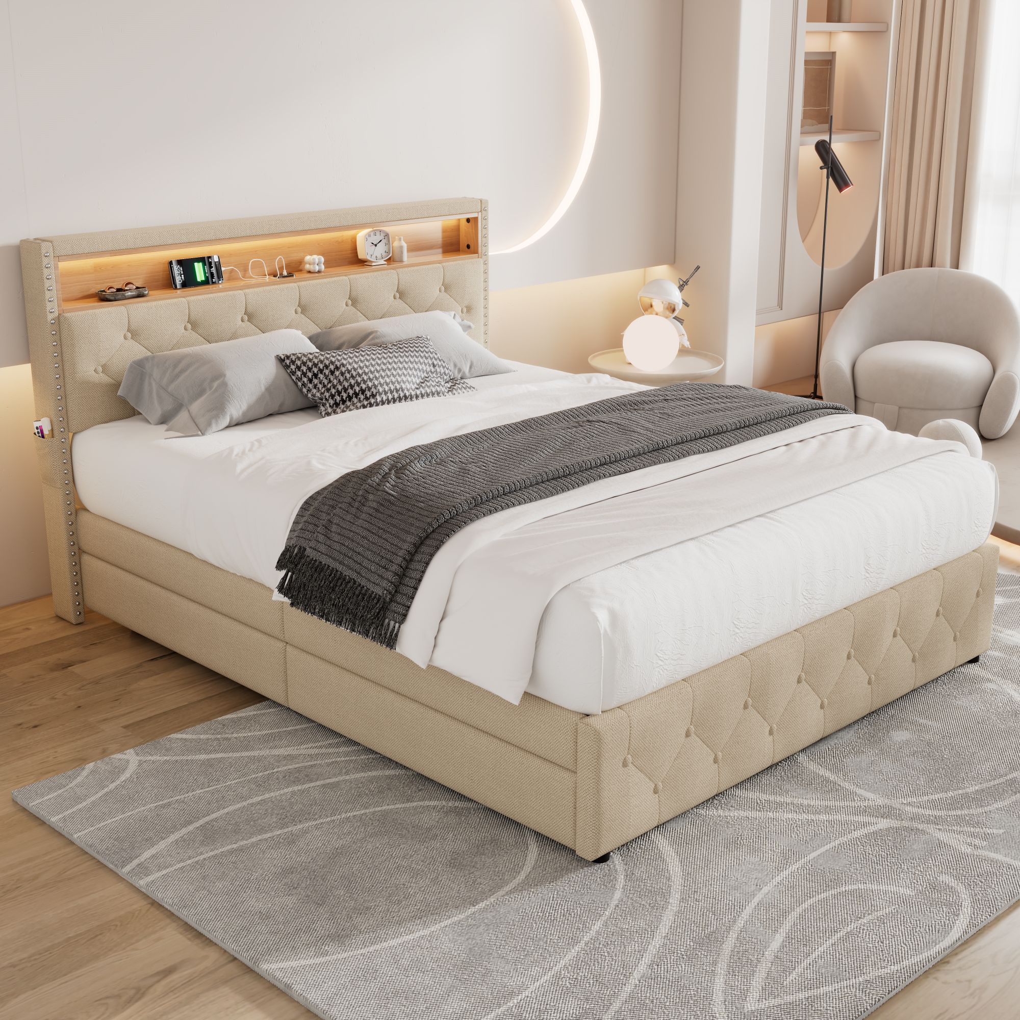 Upholstered Double Bed 4ft6,135x190cm , LED Light Bed, Bedside Pocket Design, With Four Storage Drawers, Slatted Frame, Mattress Not Included, Linen, Beige