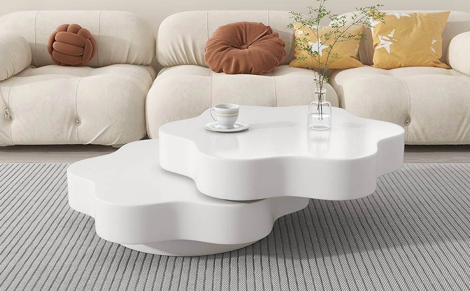 Flower-shaped Coffee Table, 360 Rotating Tabletop, Rotating End Table, Double-layer Sofa Sidetable, 2 Shelves,  Load Capacity 30kg, 74.8x67.5x31cm, MDF, Cream White