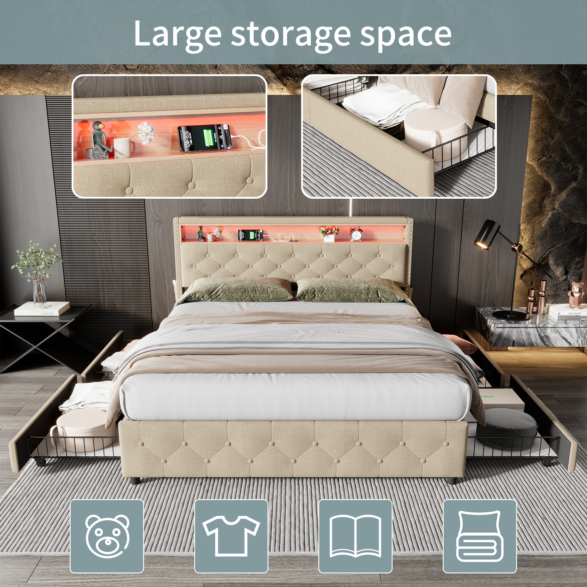 Upholstered Double Bed 4ft6,135x190cm , LED Light Bed, Bedside Pocket Design, With Four Storage Drawers, Slatted Frame, Mattress Not Included, Linen, Beige