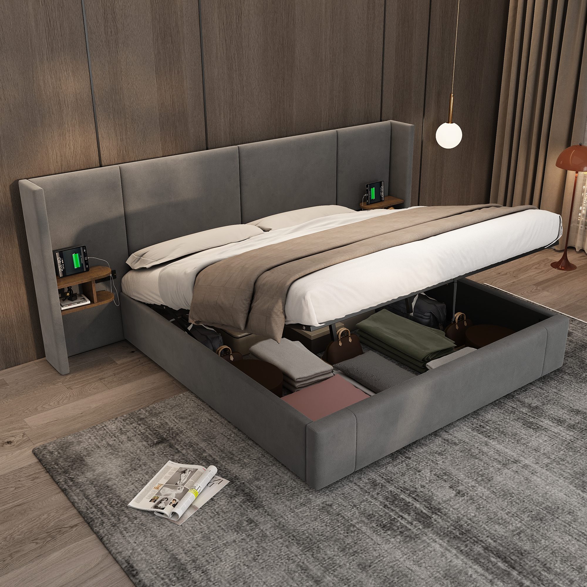 Upholstered Bed, Super King Size Bed-6ft180x200cm,Velvet Ottoman Lift Up Super King Size Bed Frame, Hydraulic Wide-ear Bed With USB Connection, With Sockets, With Two Bedside Tables,No Mattre