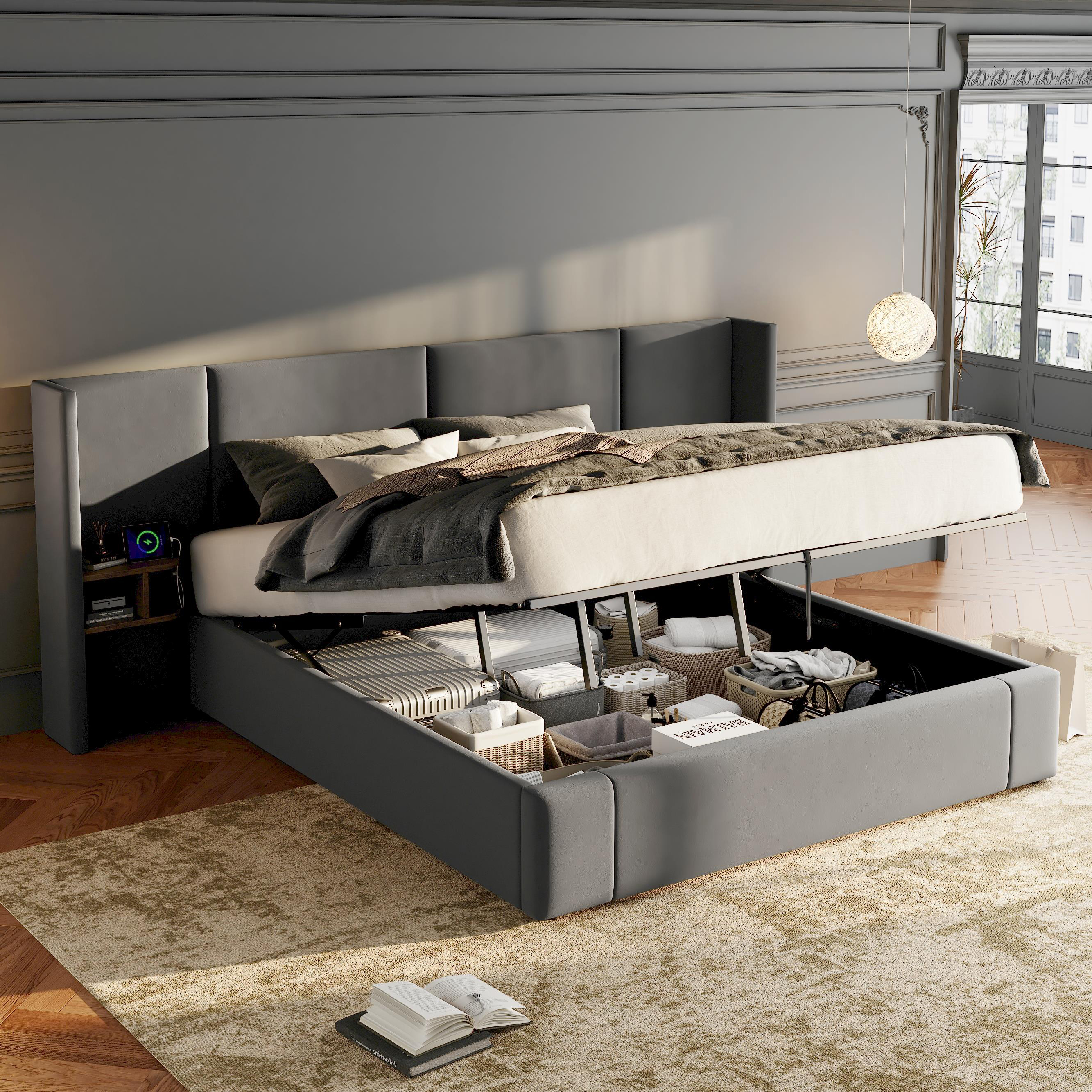 Upholstered Bed, Super King Size Bed-6ft180x200cm,Velvet Ottoman Lift Up Super King Size Bed Frame, Hydraulic Wide-ear Bed With USB Connection, With Sockets, With Two Bedside Tables,No Mattre
