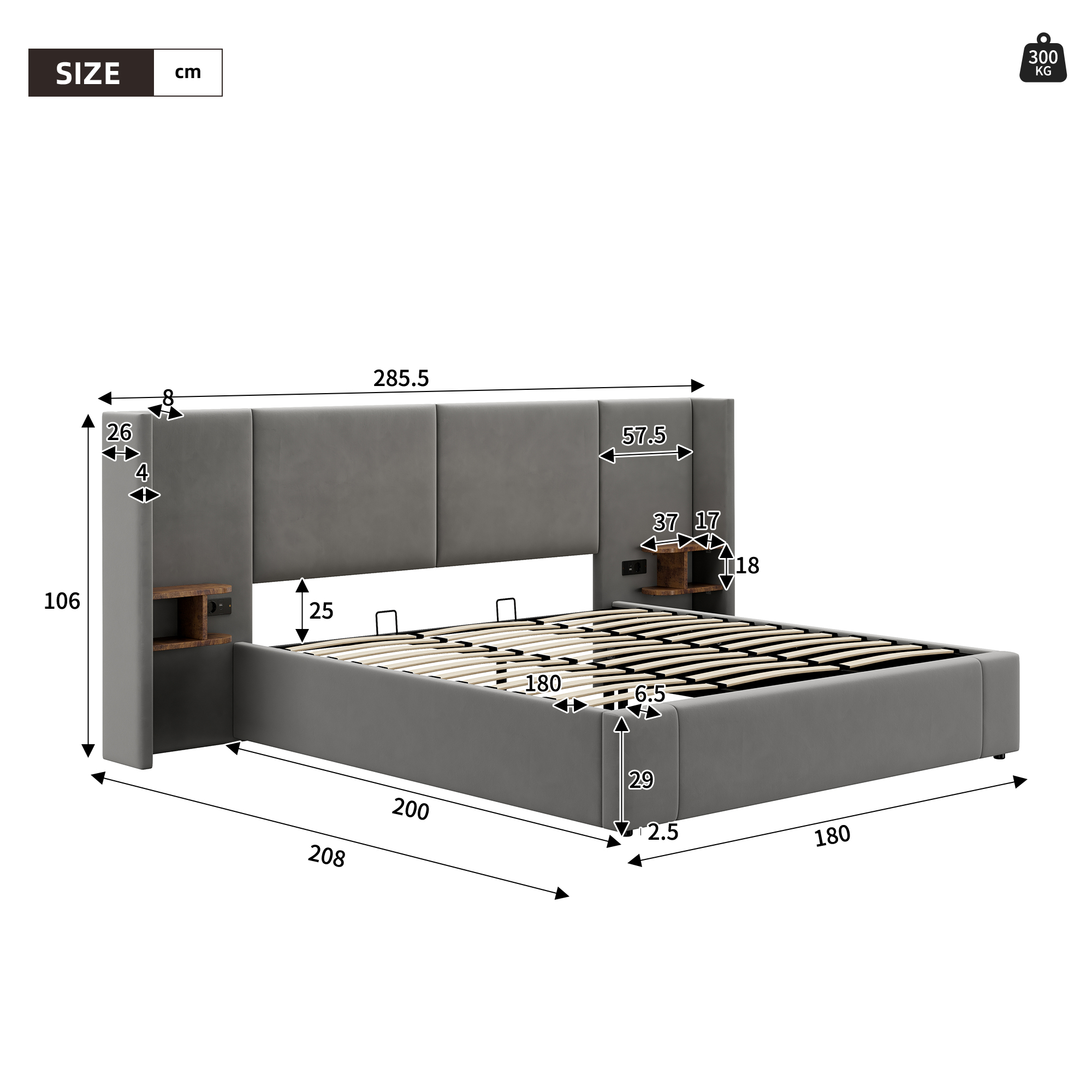 Upholstered Bed, Super King Size Bed-6ft180x200cm,Velvet Ottoman Lift Up Super King Size Bed Frame, Hydraulic Wide-ear Bed With USB Connection, With Sockets, With Two Bedside Tables,No Mattre