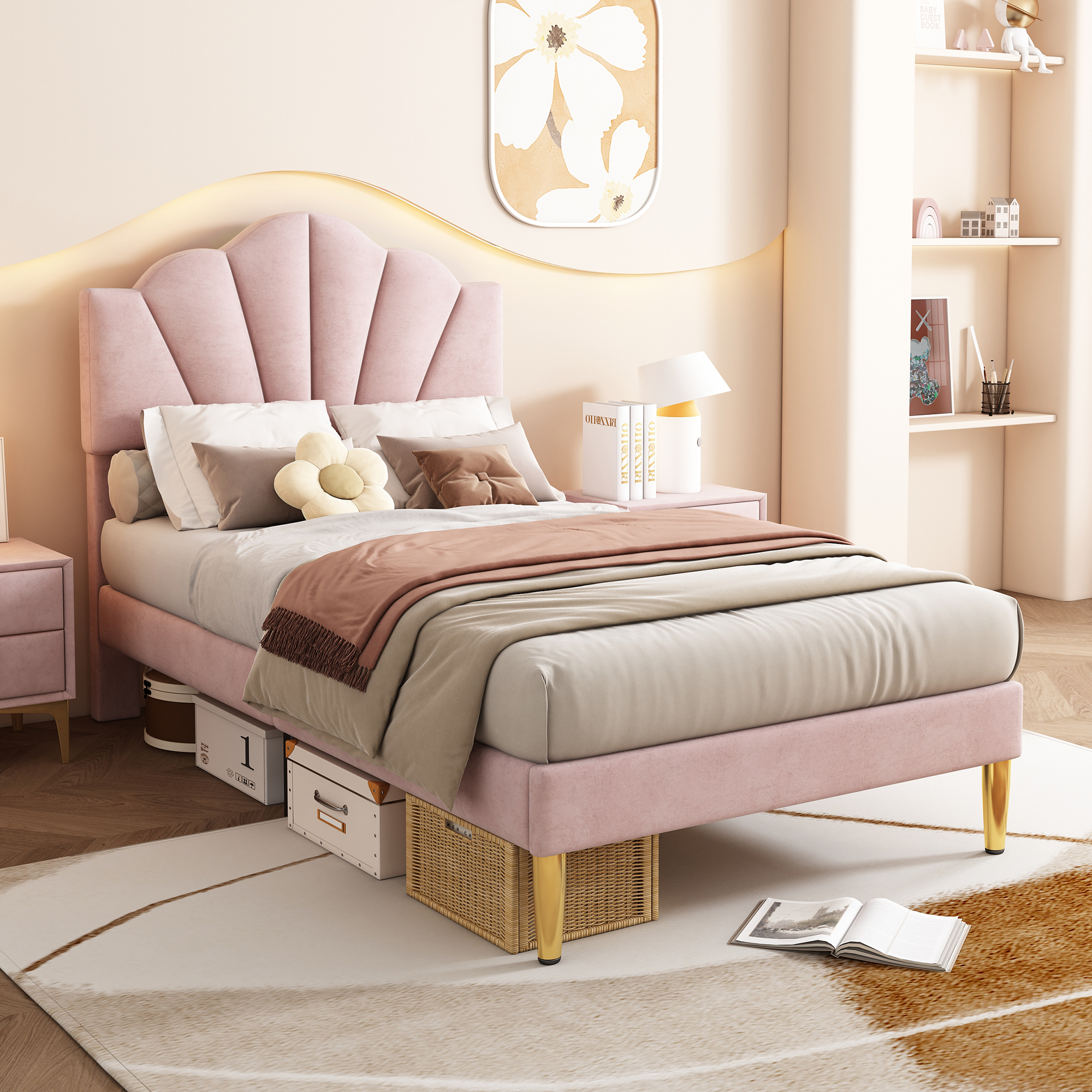 Velvet Upholstered Bed,Single Bed-3ft 90x190cm, Shell-like Bed With Golden Iron — image 2