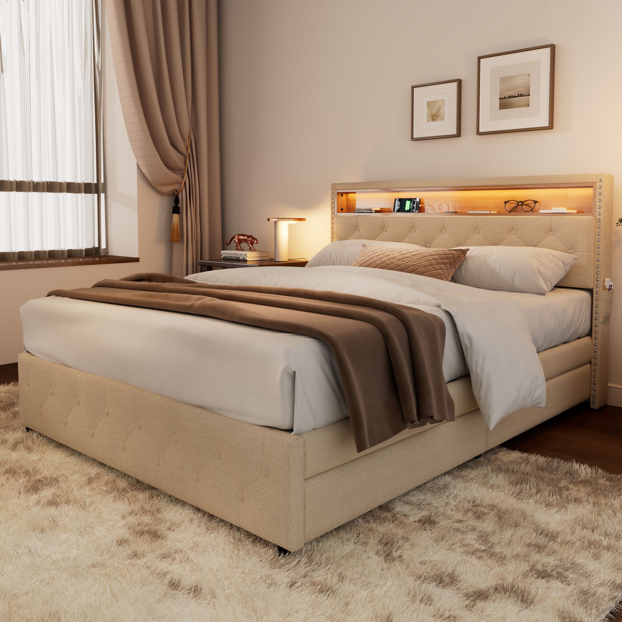 Upholstered Double Bed 4ft6,135x190cm , LED Light Bed, Bedside Pocket Design, With Four Storage Drawers, Slatted Frame, Mattress Not Included, Linen, Beige