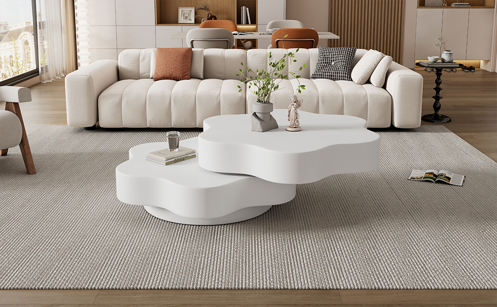 Flower-shaped Coffee Table, 360 Rotating Tabletop, Rotating End Table, Double-layer Sofa Sidetable, 2 Shelves,  Load Capacity 30kg, 74.8x67.5x31cm, MDF, Cream White