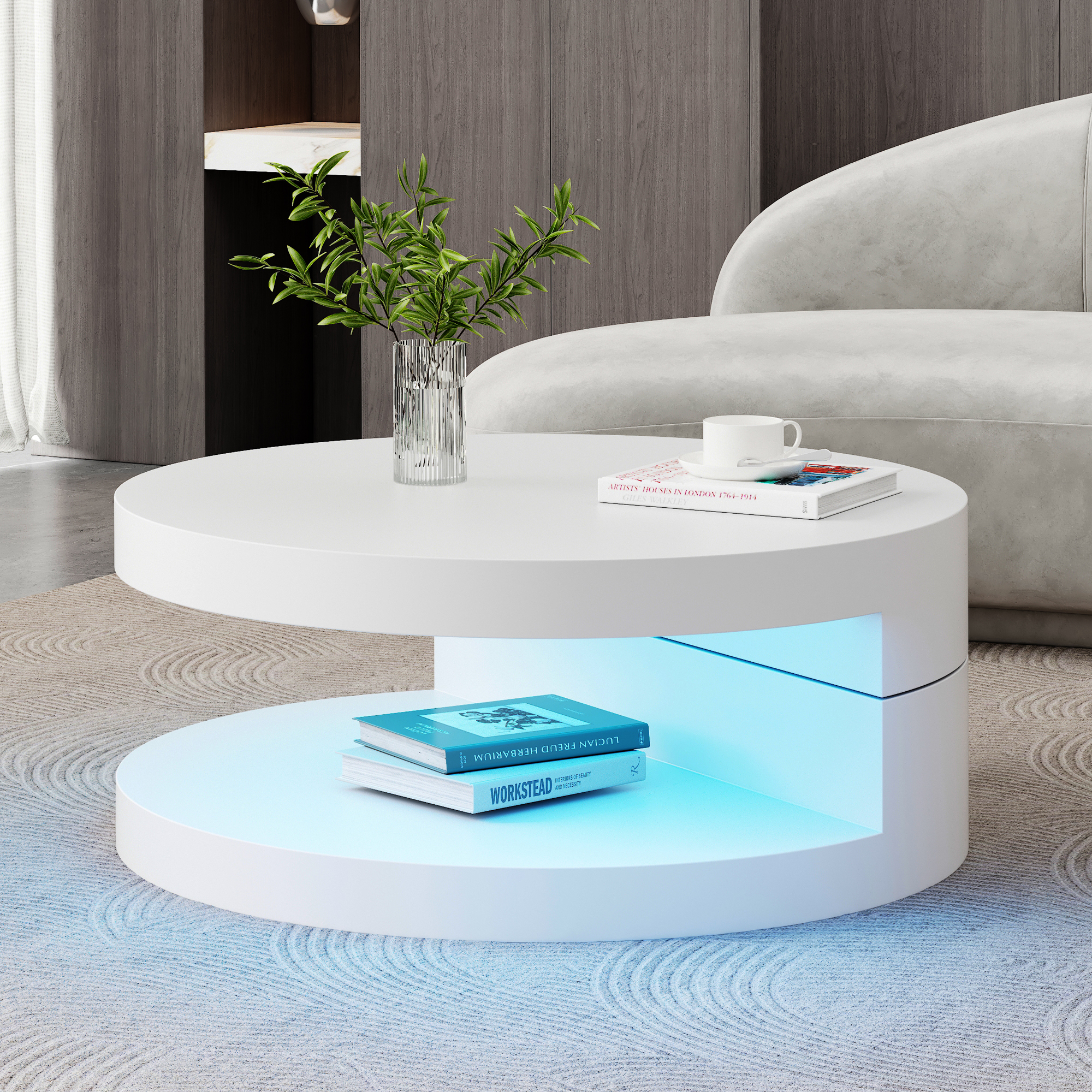 Round Rotating Coffee Table With LED Lights, 360 Rotating Tabletop, End Table, Double Layer Sofa Sidetable, Open Storage Space, 70x70x35.5cm, MDF, White