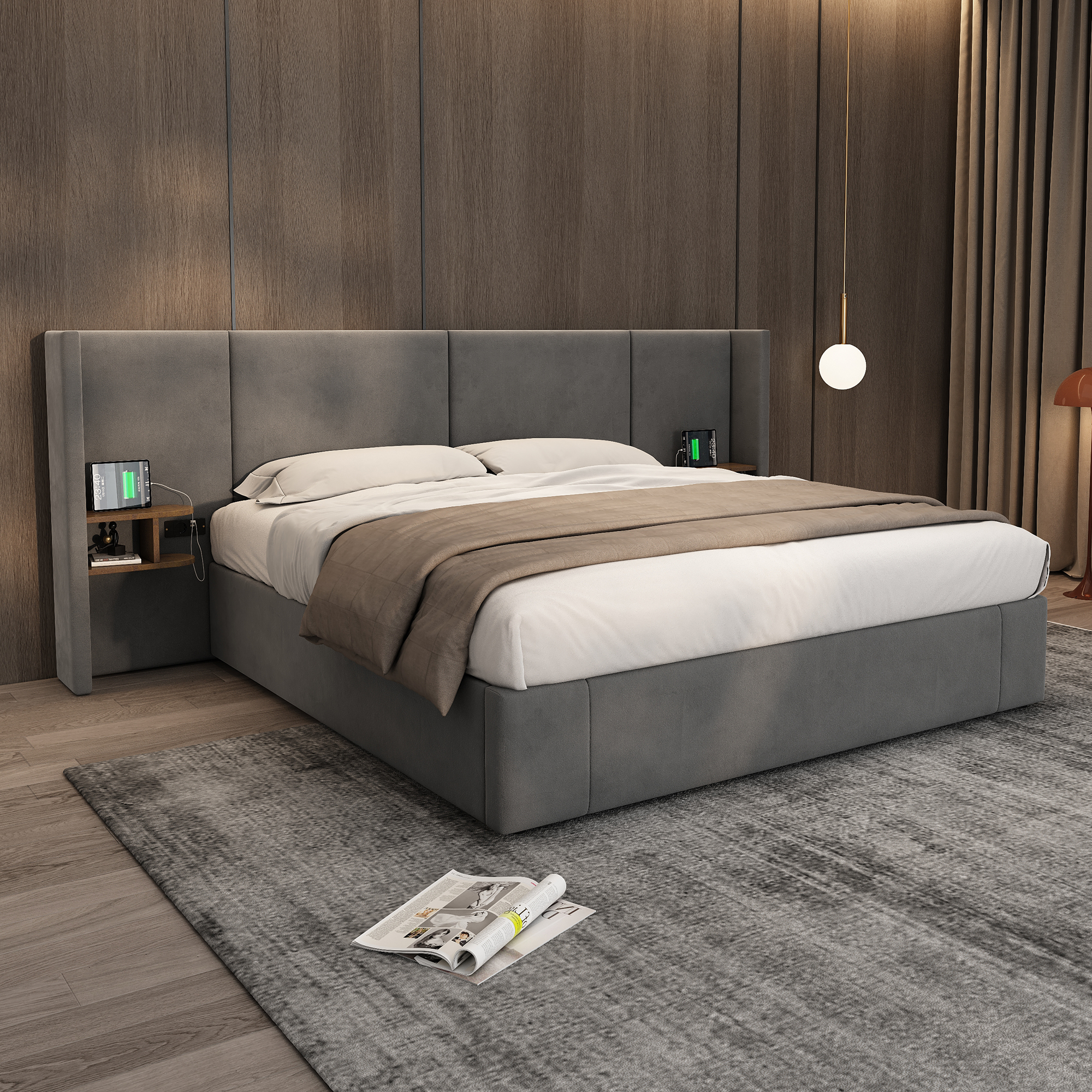 Upholstered Bed, Super King Size Bed-6ft180x200cm,Velvet Ottoman Lift Up Super King Size Bed Frame, Hydraulic Wide-ear Bed With USB Connection, With Sockets, With Two Bedside Tables,No Mattre