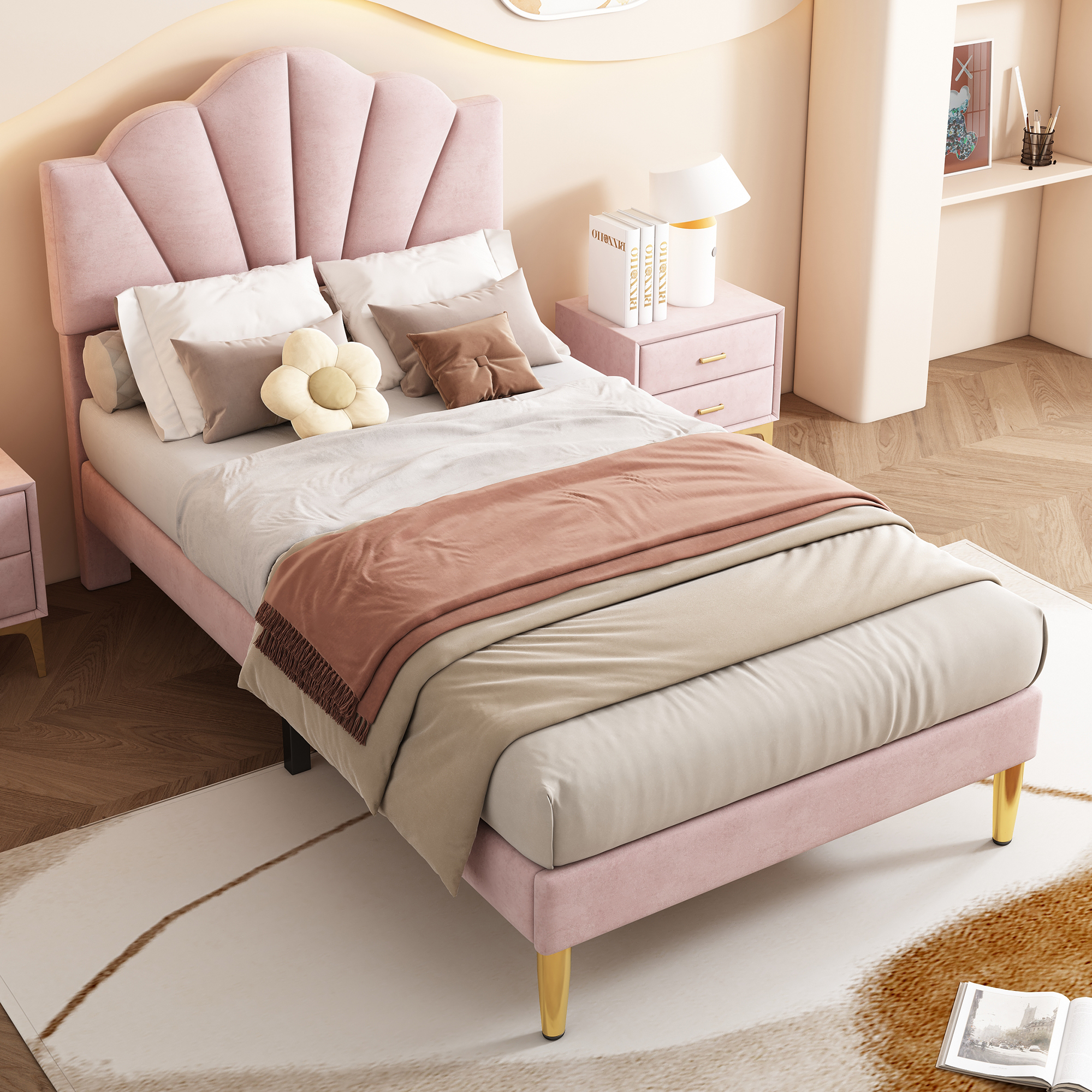 Velvet Upholstered Bed,Single Bed-3ft 90x190cm, Shell-like Bed With Golden Iron — image 3