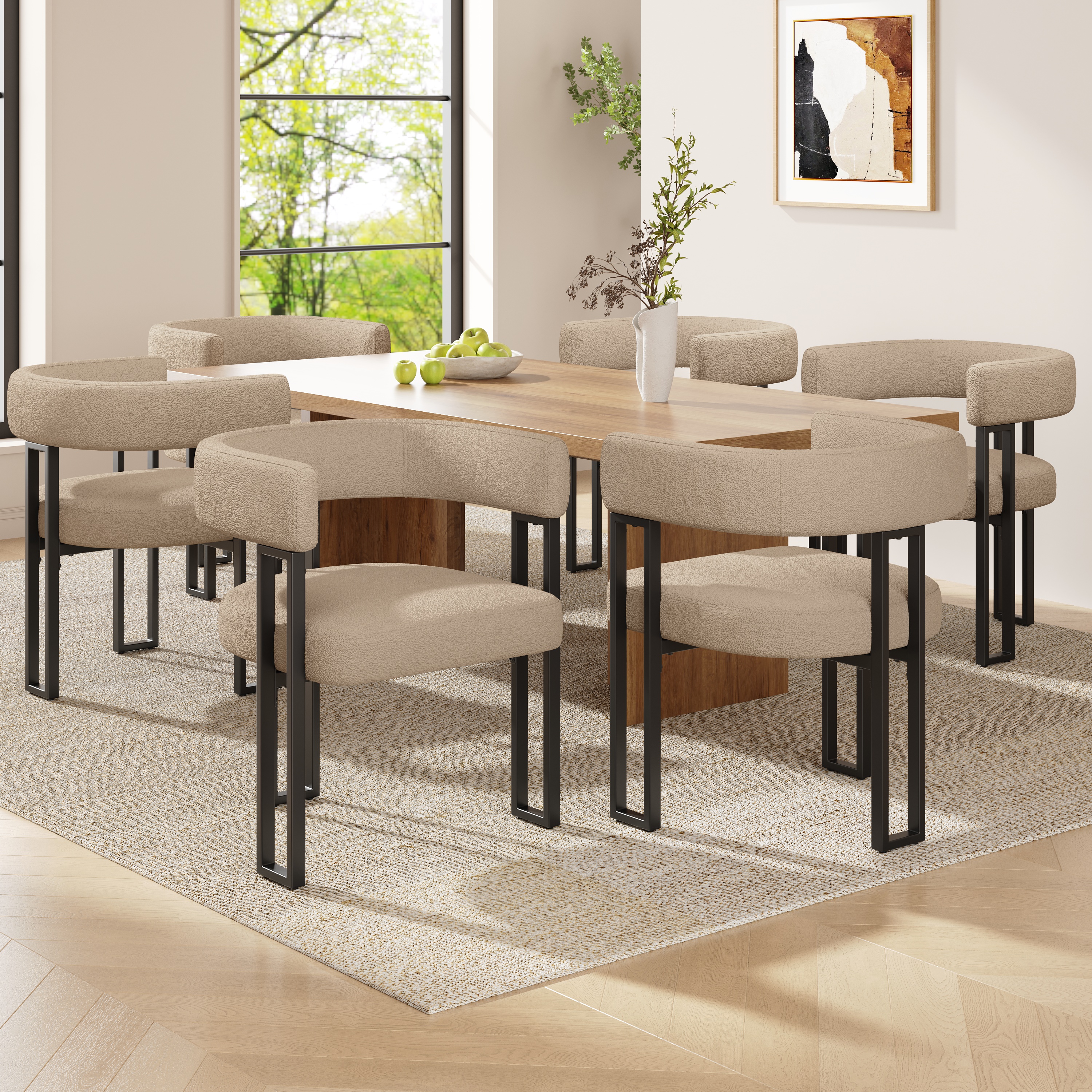 High-Quality Lamb Fleece Fabric 6 Pieces Dining Chair Makeup Chair Dressing Chair Ergonomic Chair Lightweight Luxury Chair Curved Backrest, Beige Brown