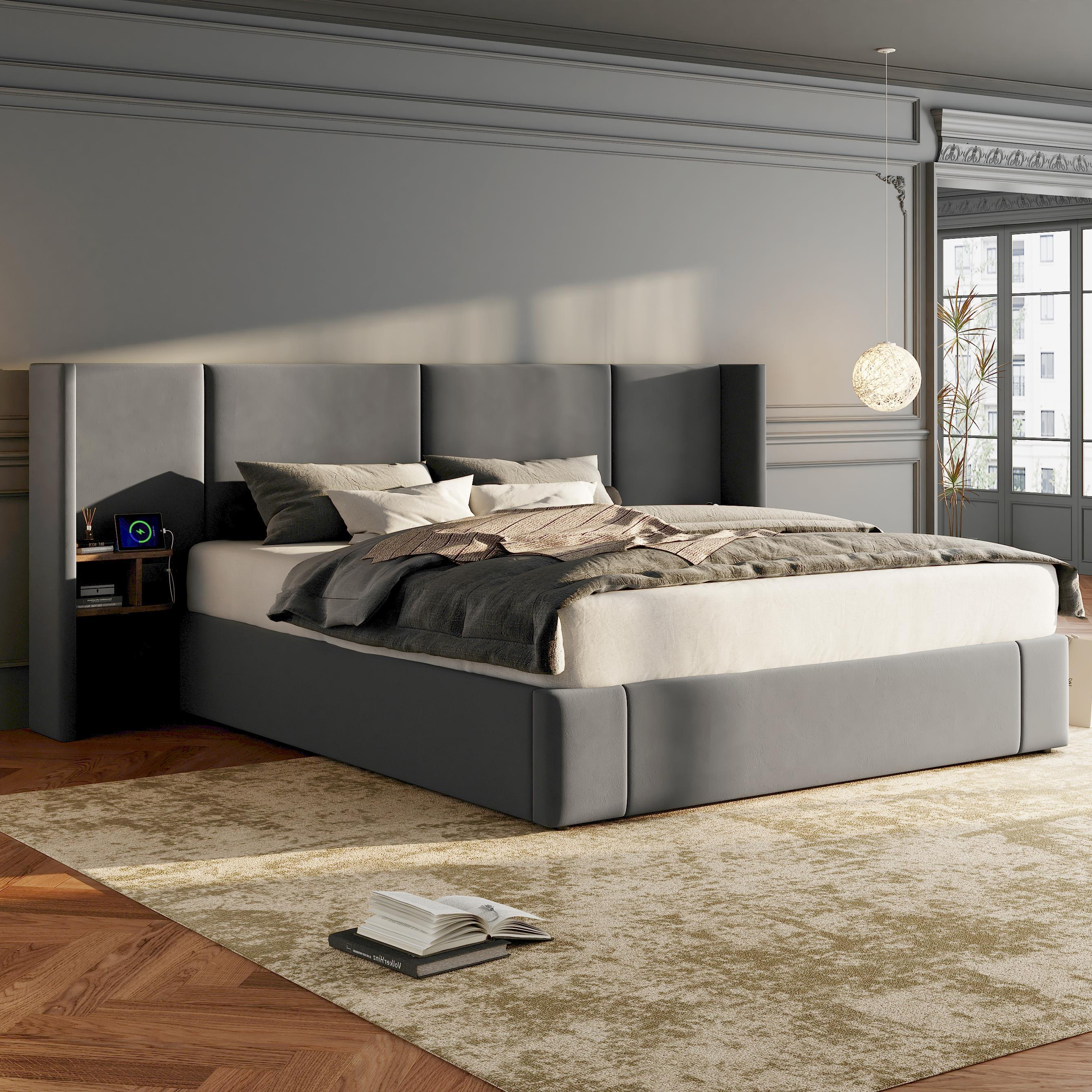 Upholstered Bed, Super King Size Bed-6ft180x200cm,Velvet Ottoman Lift Up Super King Size Bed Frame, Hydraulic Wide-ear Bed With USB Connection, With Sockets, With Two Bedside Tables,No Mattre