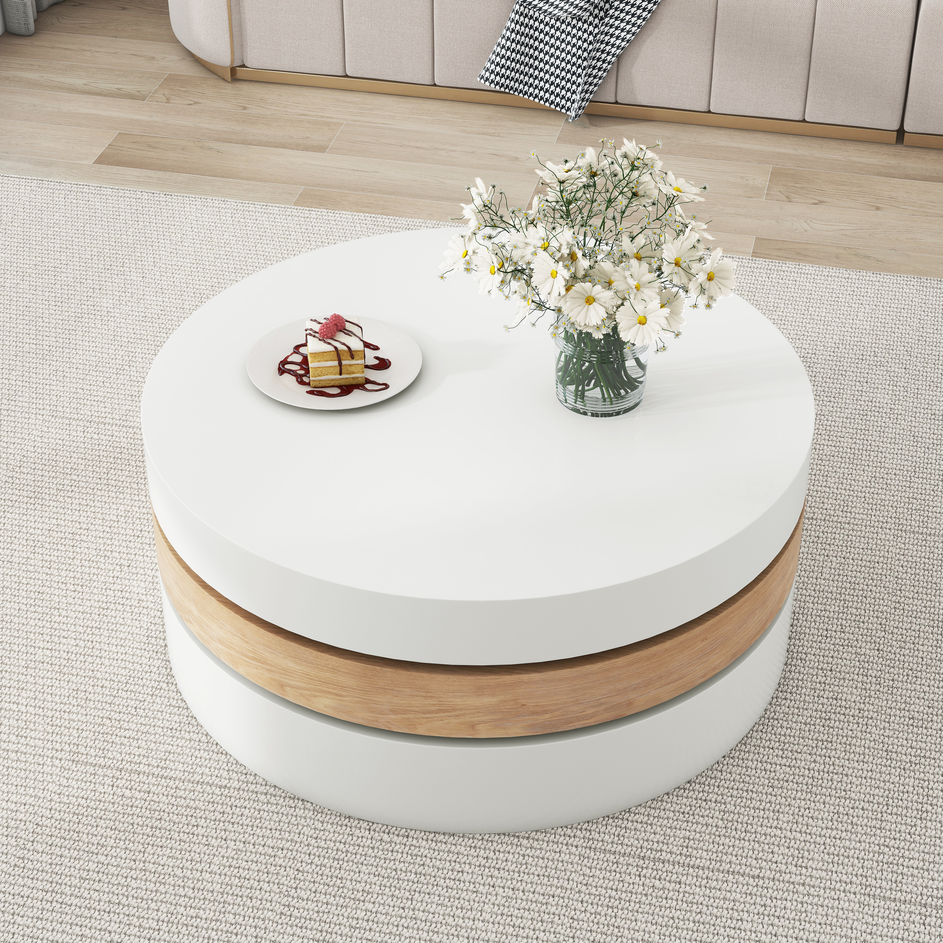 Round Rotating Coffee Table, 360 Rotating Tabletop,  End Table, 3 Layer Sofa Sidetable, Hidden Storage Space, 60x60x35,1 Cm, MDF, White Wood