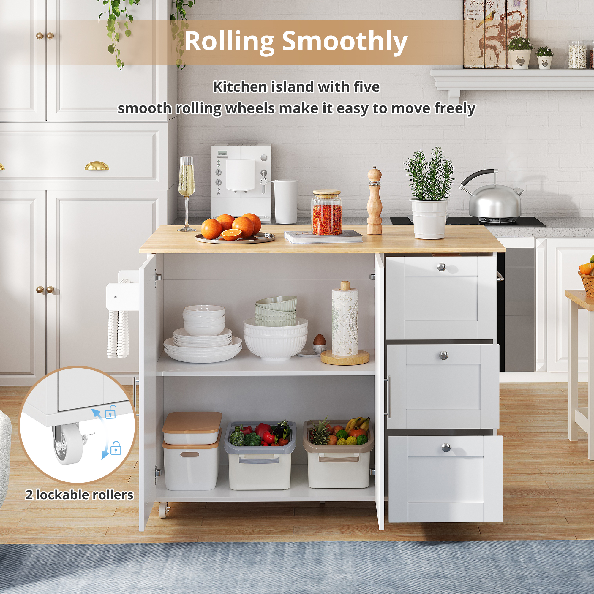 Kitchen Island On Wheels, Rolling Storage Trolley With Foldable Tabletop, 3 Drawers, 2 Doors, Lockable Swivel Wheels, Towel Rack  Versatile For Dining Room & Living Room, 135x44  70x90cm