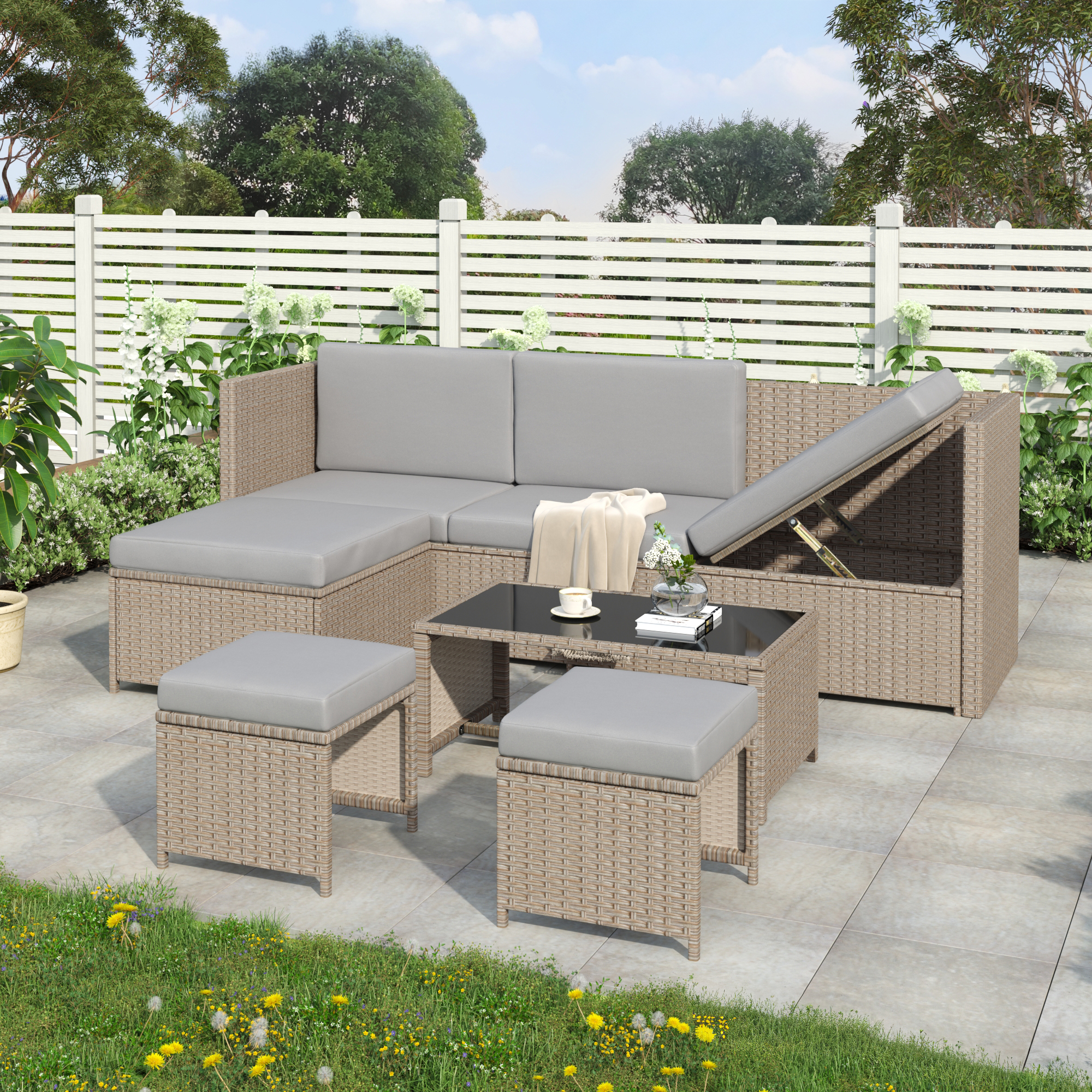 4-6 Seater Garden Lounge Set, Garden Furniture Set, Ratten Sofa, Seating Group, Patio Furniture,Khaki