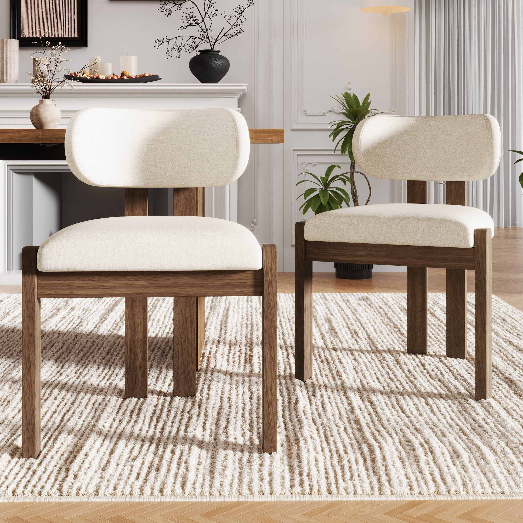 Set Of 2, Solid Wood Chairs, Dining Chairs, Suitable For Homes, Restaurants, Living Rooms, And Cafes, Boucle, Walnut Wood Color