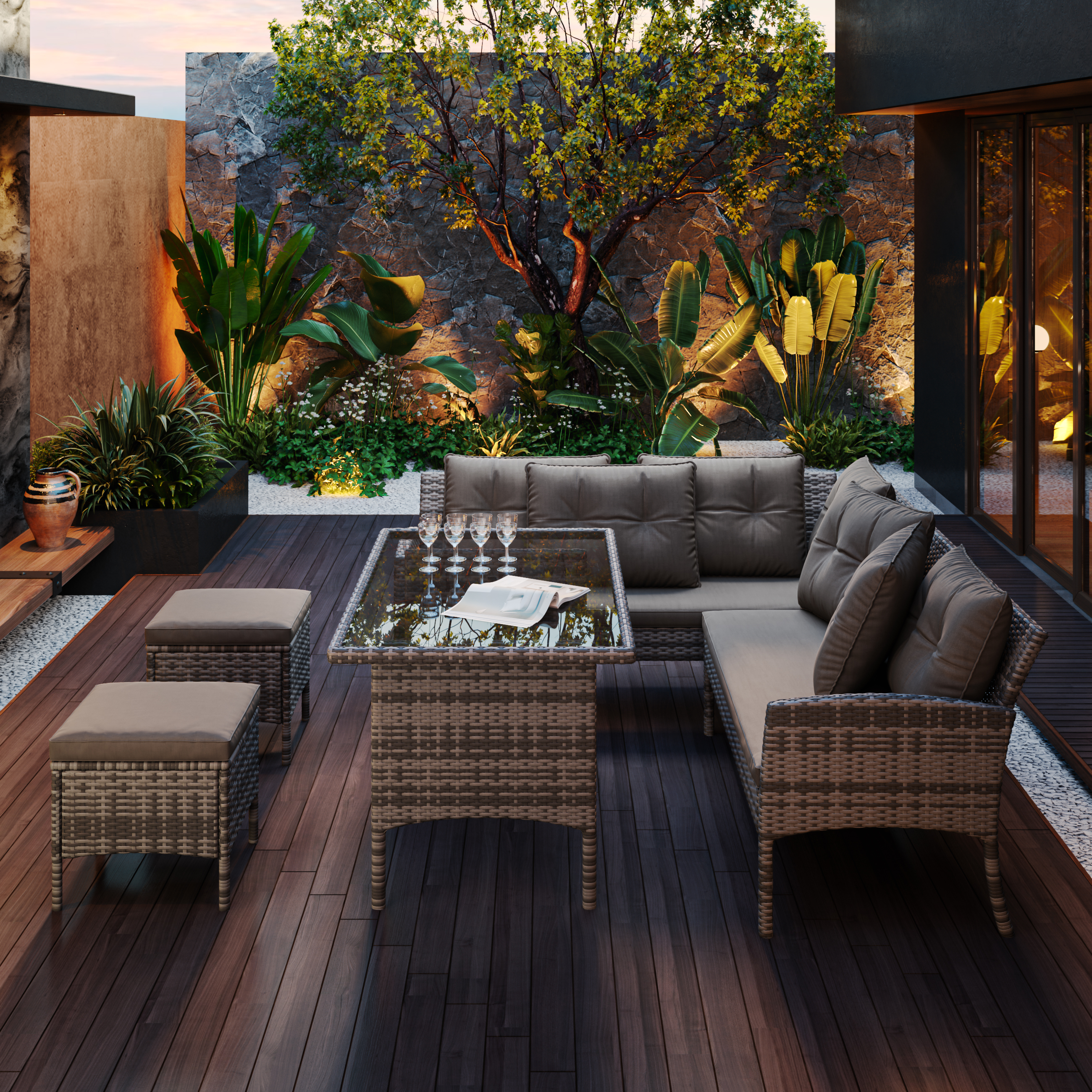 Garden Furniture Sets, Garden Sofa,Garden Corner Sofa Rattan Patio Set, 6-7 Seater Outdoor Patio Furniture,Lounge Corner Sofa Set With Table Stool, Mixed Grey Wicker With Dark Grey Cushions