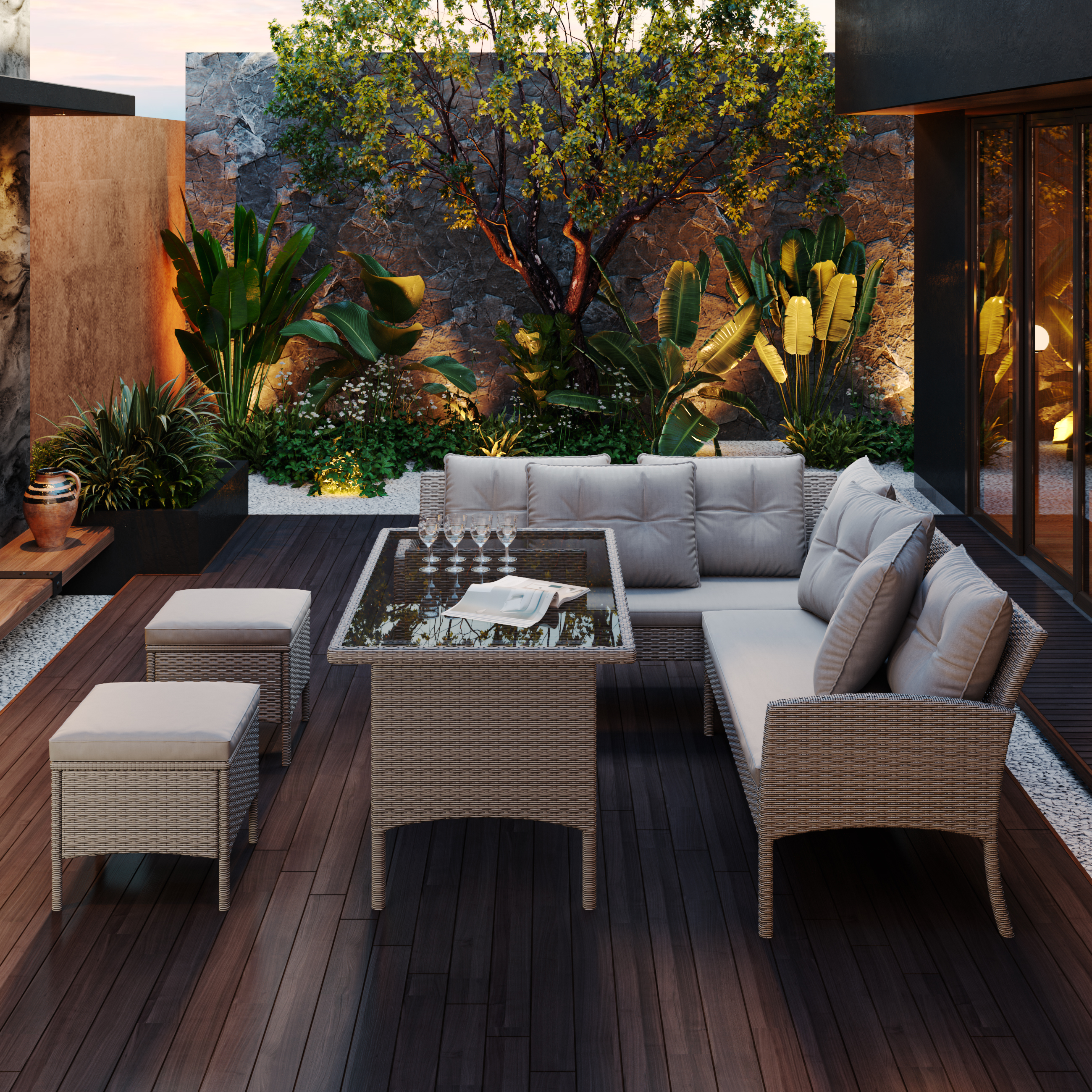 Garden Furniture Sets, Garden Sofa,Garden Corner Sofa Rattan Patio Set, 6-7 Seater Outdoor Patio Furniture,Lounge Corner Sofa Set With Table Stool, Mixed Khaki Wicker With Light Grey Cushions