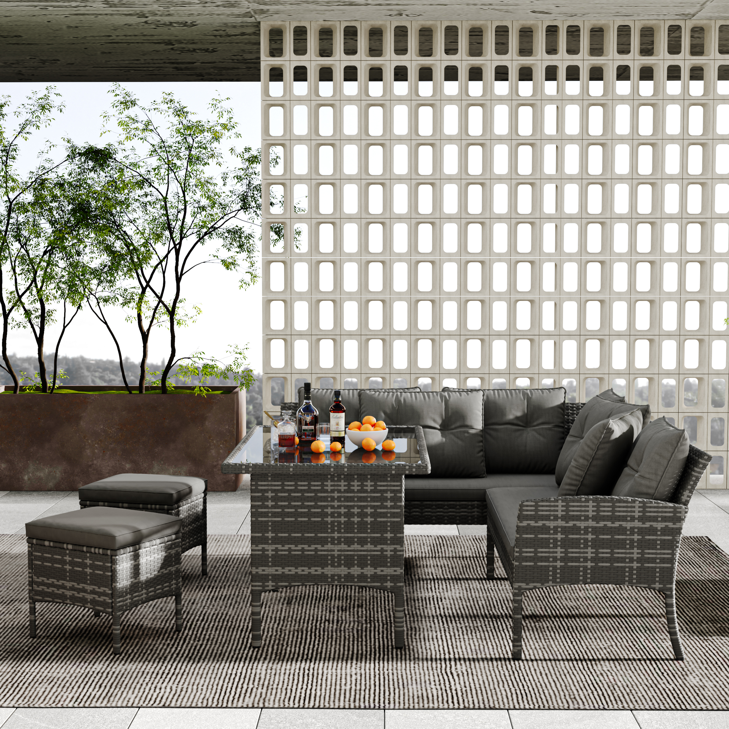 Garden Furniture Sets, Garden Sofa,Garden Corner Sofa Rattan Patio Set, 6-7 Seater Outdoor Patio Furniture,Lounge Corner Sofa Set With Table Stool, Mixed Grey Wicker With Dark Grey Cushions
