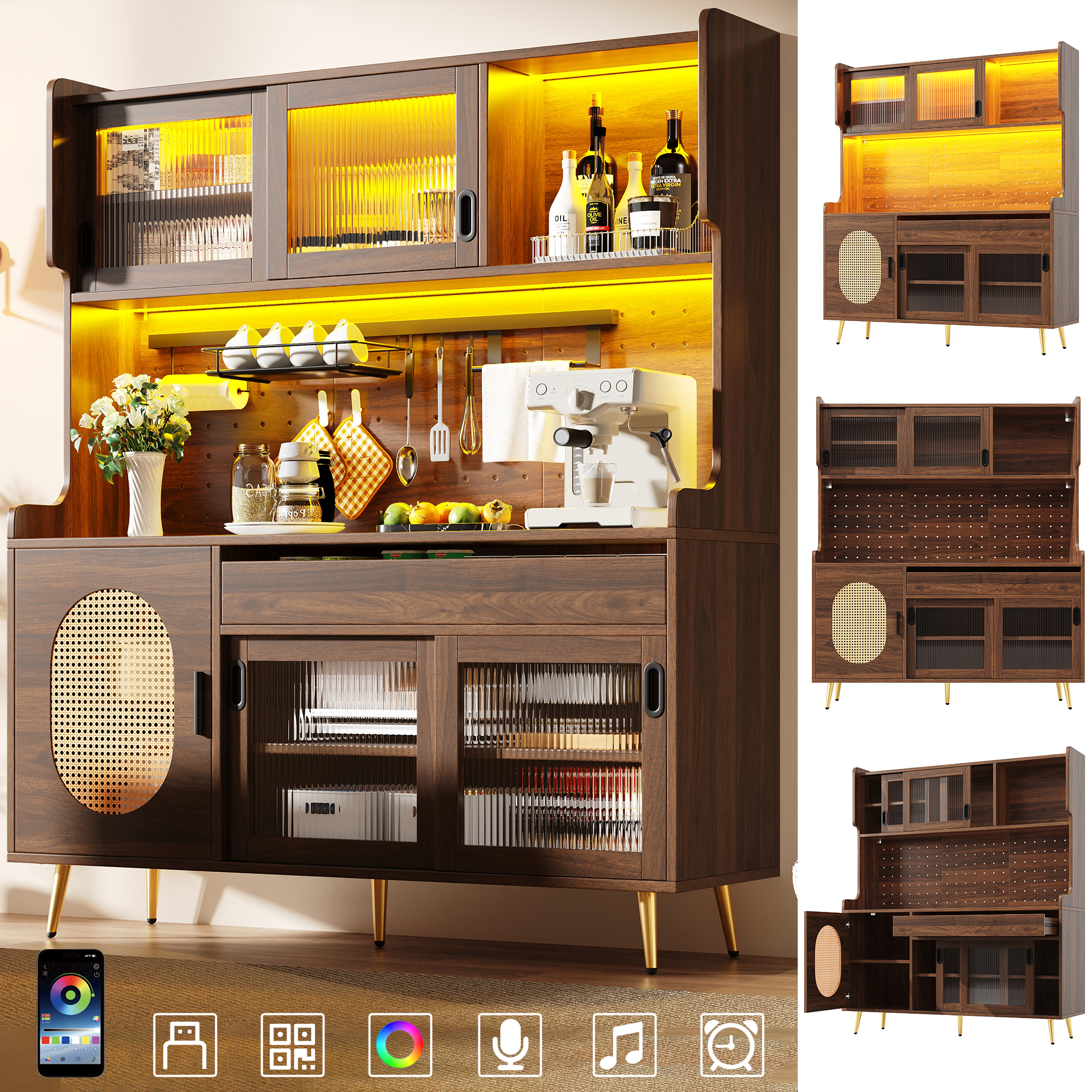 Sideboard  Storage Cabinet  Kitchen Cabinet  Buffet, 145x39x171cm, Country Style, 5 Doors, With LED Light Strip & Pegboard, Fluted Glass Doors, Brown Black