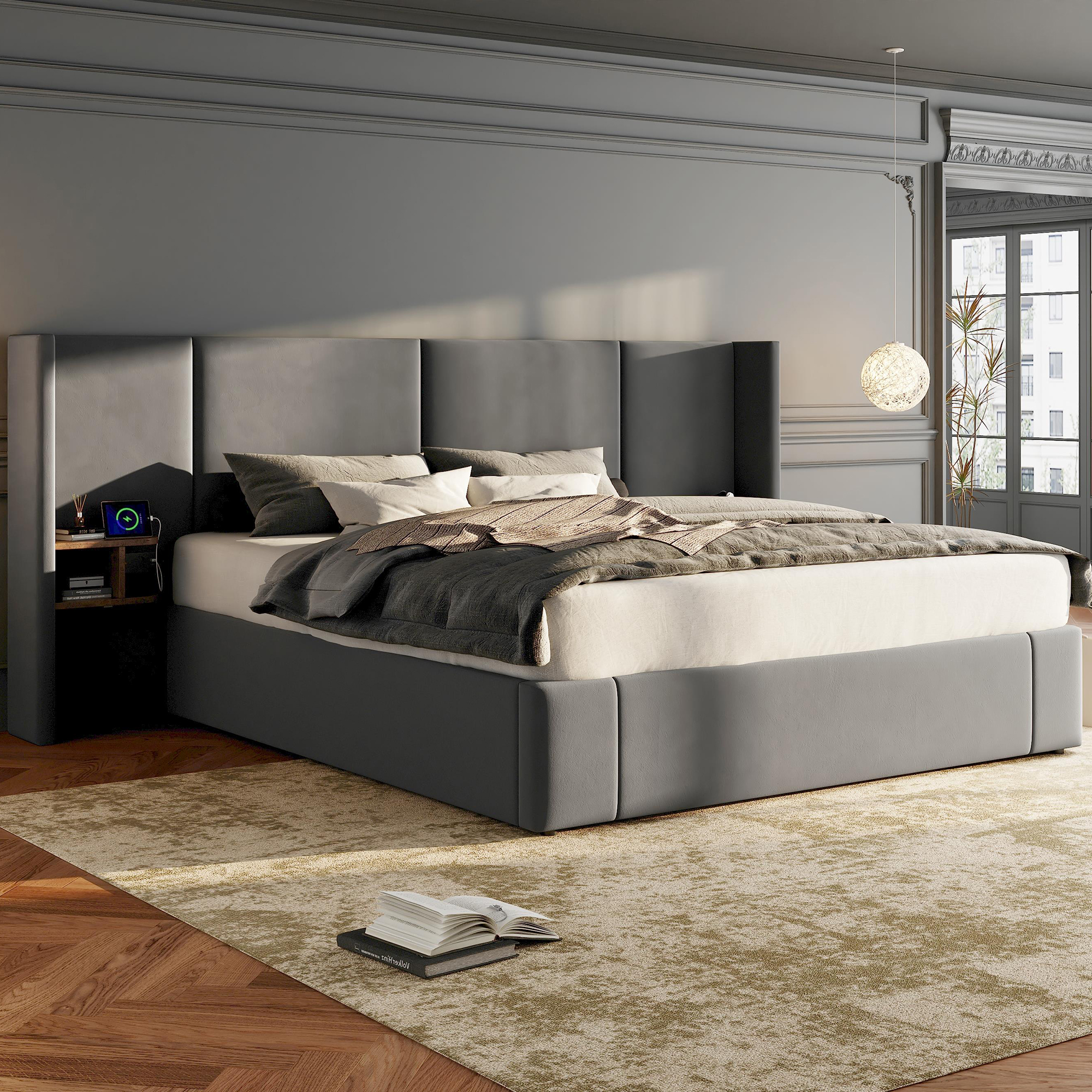 Upholstered Bed, King Size Bed-5ft150x200cm,Velvet Ottoman Lift Up King Size Bed Frame, Hydraulic Wide-ear Bed With USB Connection, With Sockets, With Two Bedside Tables,No Mattress,  Grey