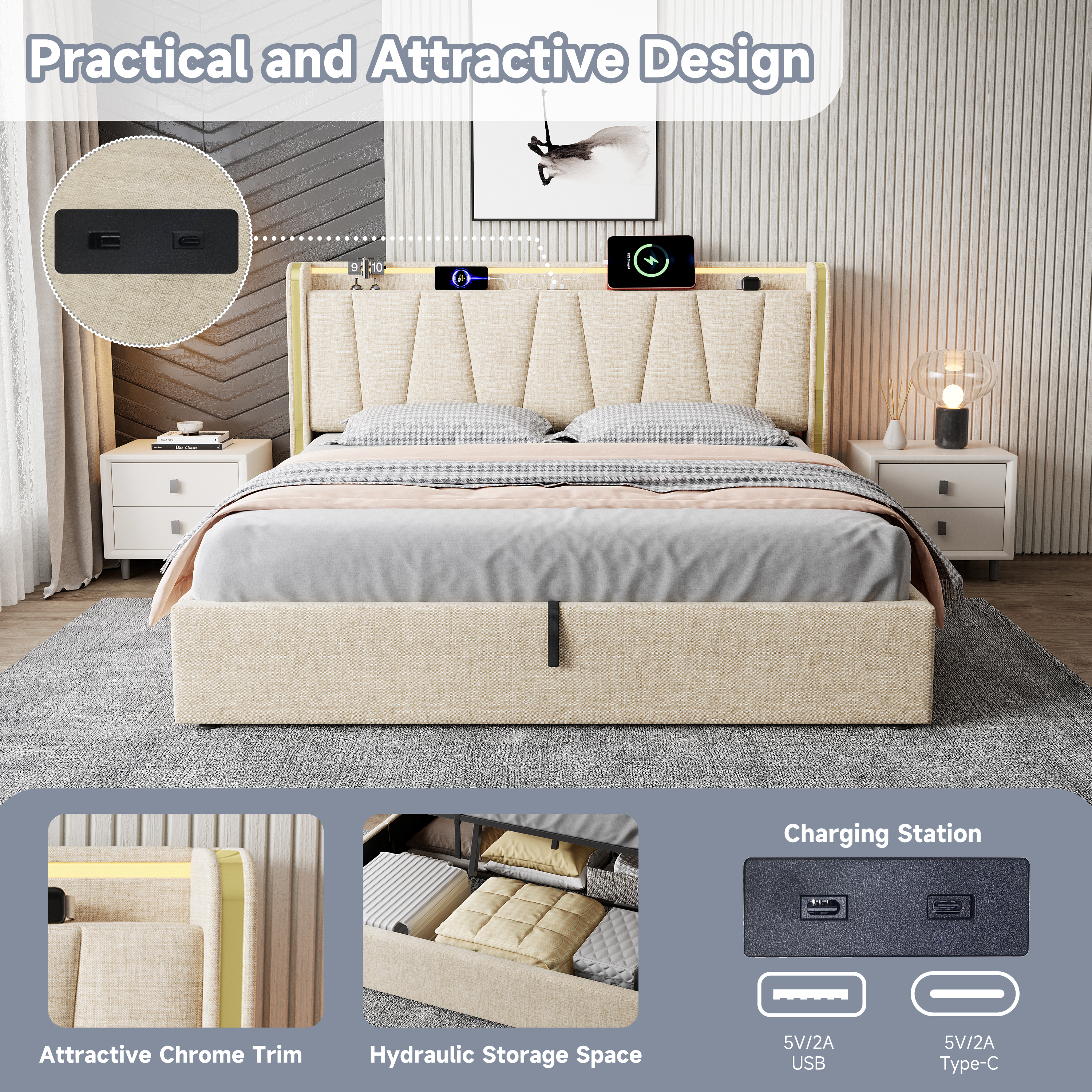 5ft King Upholstered Bed Frame With Hydraulic Storage, LED Headboard With Charging Station And Chrome Trim, USB And Type-C Ports, Linen, No Box Spring Needed, Beige No Mattress