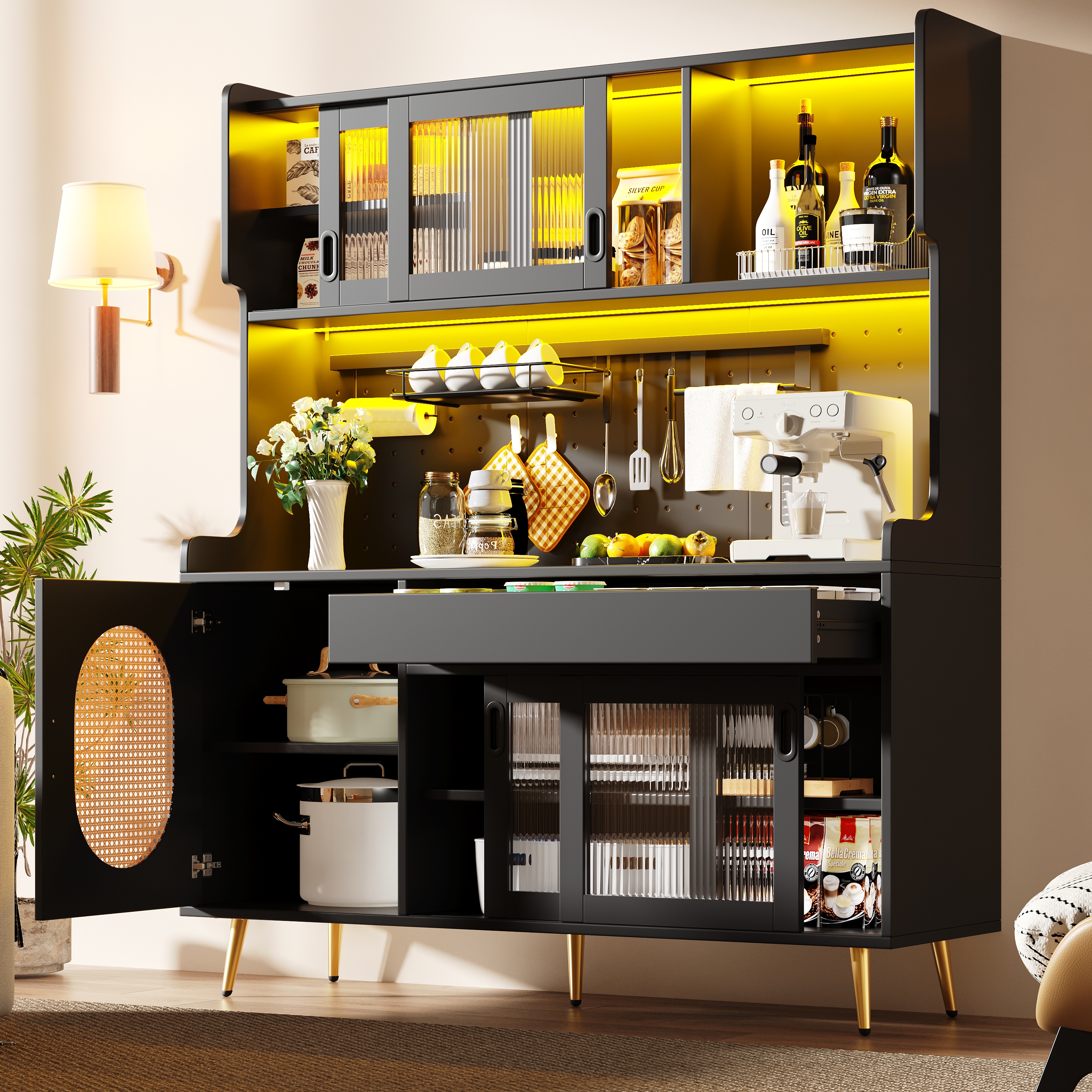 Sideboard  Storage Cabinet  Kitchen Cabinet  Buffet, 145x39x171cm, Country Style, 5 Doors, With LED Light Strip & Pegboard, Fluted Glass Doors, Brown Black