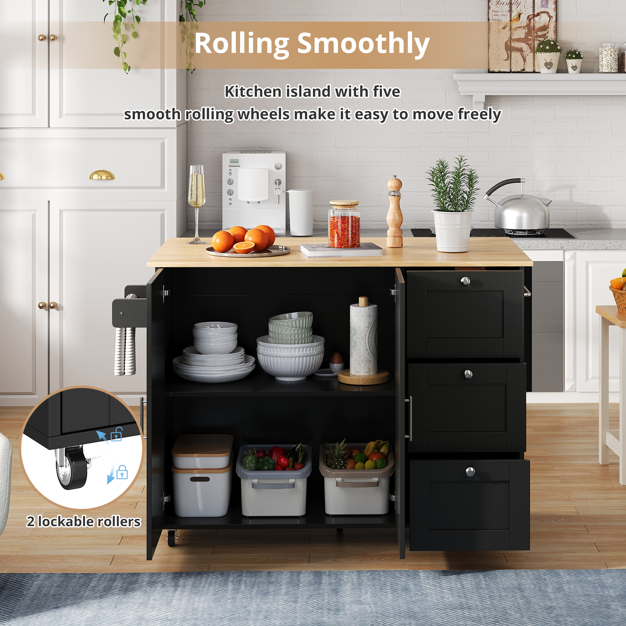Kitchen Island On Wheels, Rolling Storage Trolley With Foldable Tabletop, 3 Drawers, 2 Doors, Lockable Swivel Wheels, Towel Rack  Versatile For Dining Room & Living Room, 135x44  70x90cm