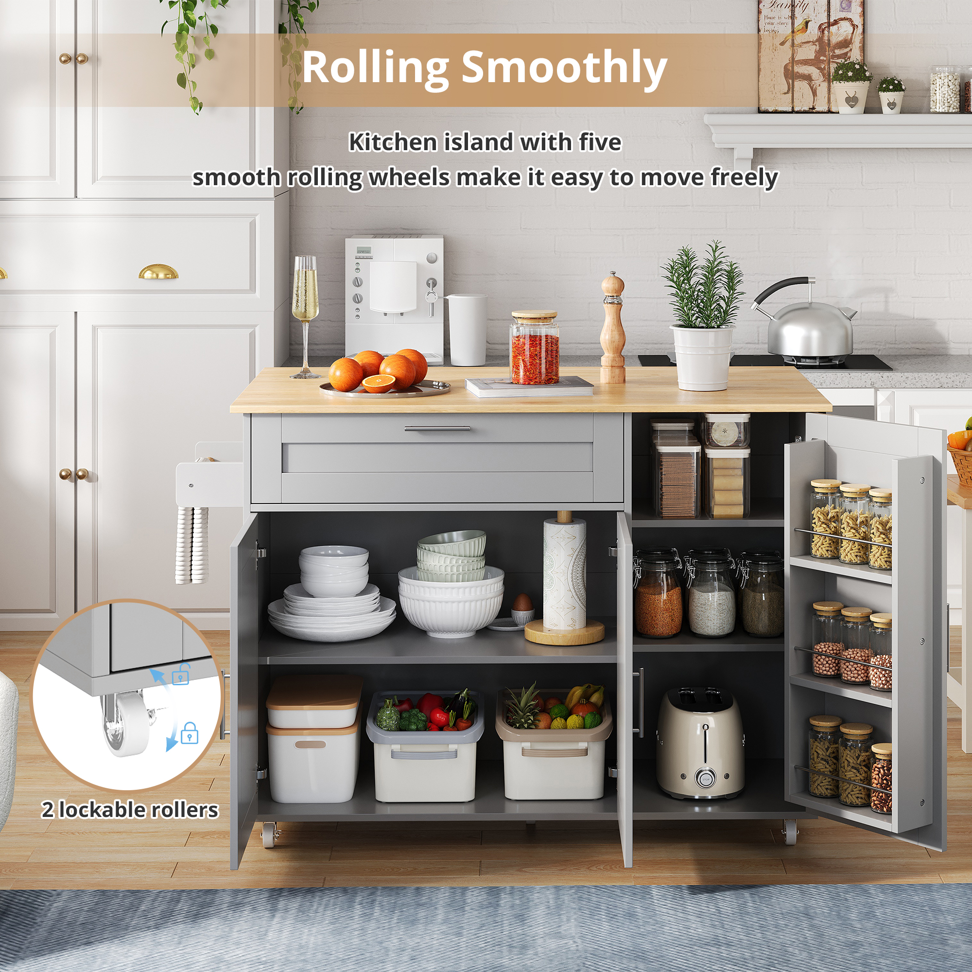 132.5x44  70x90cm Kitchen Island On Wheels, Rolling Storage Trolley With Foldable Tabletop, Multifunctional Cabinet, Spice Rack, Towel Holder, 5 Wheels, Suitable For Kitchen Dining House