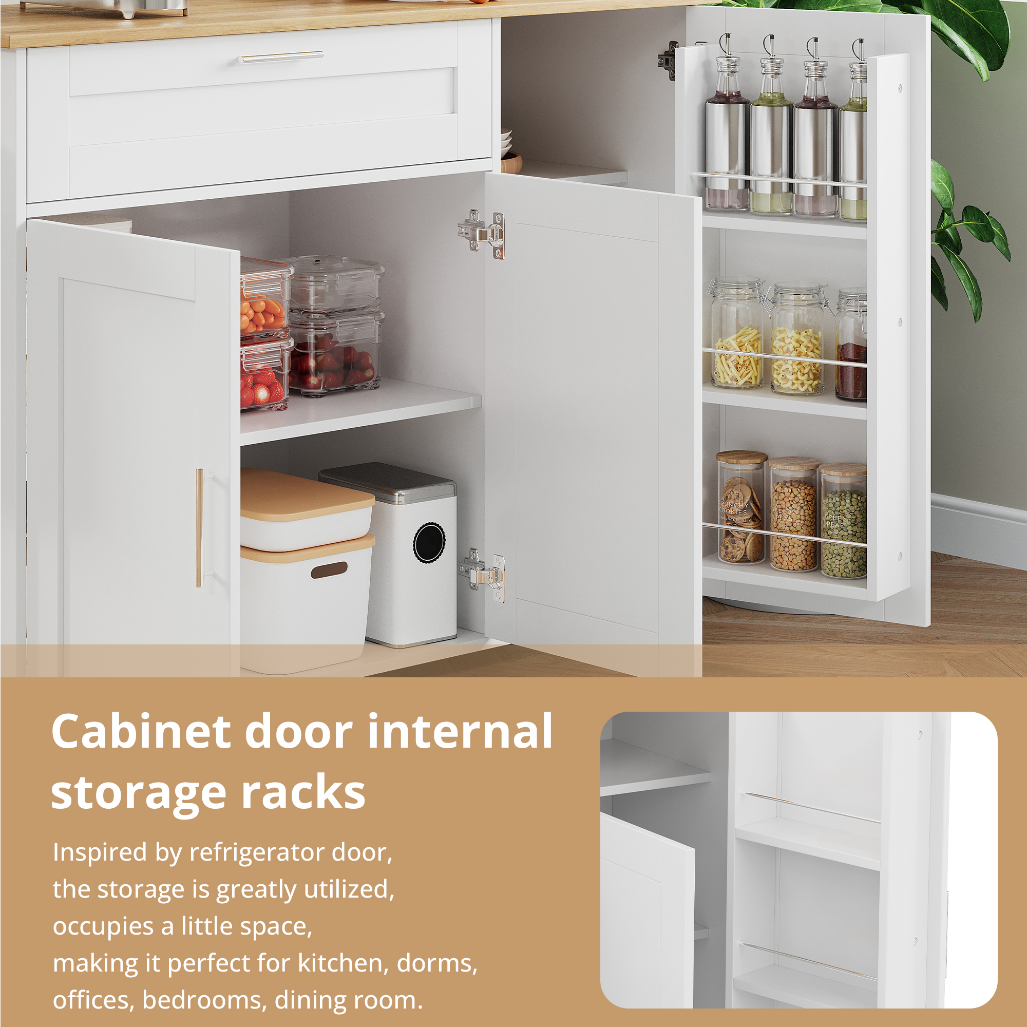 L132.5xB44    70xH90cm Large Mobile Kitchen Table, Foldable Countertop, Oak Wood Grain, Multifunctional Cabinet, Spice Rack, Towel Holder, 5 Wheels, Suitable For Kitchen Dining House