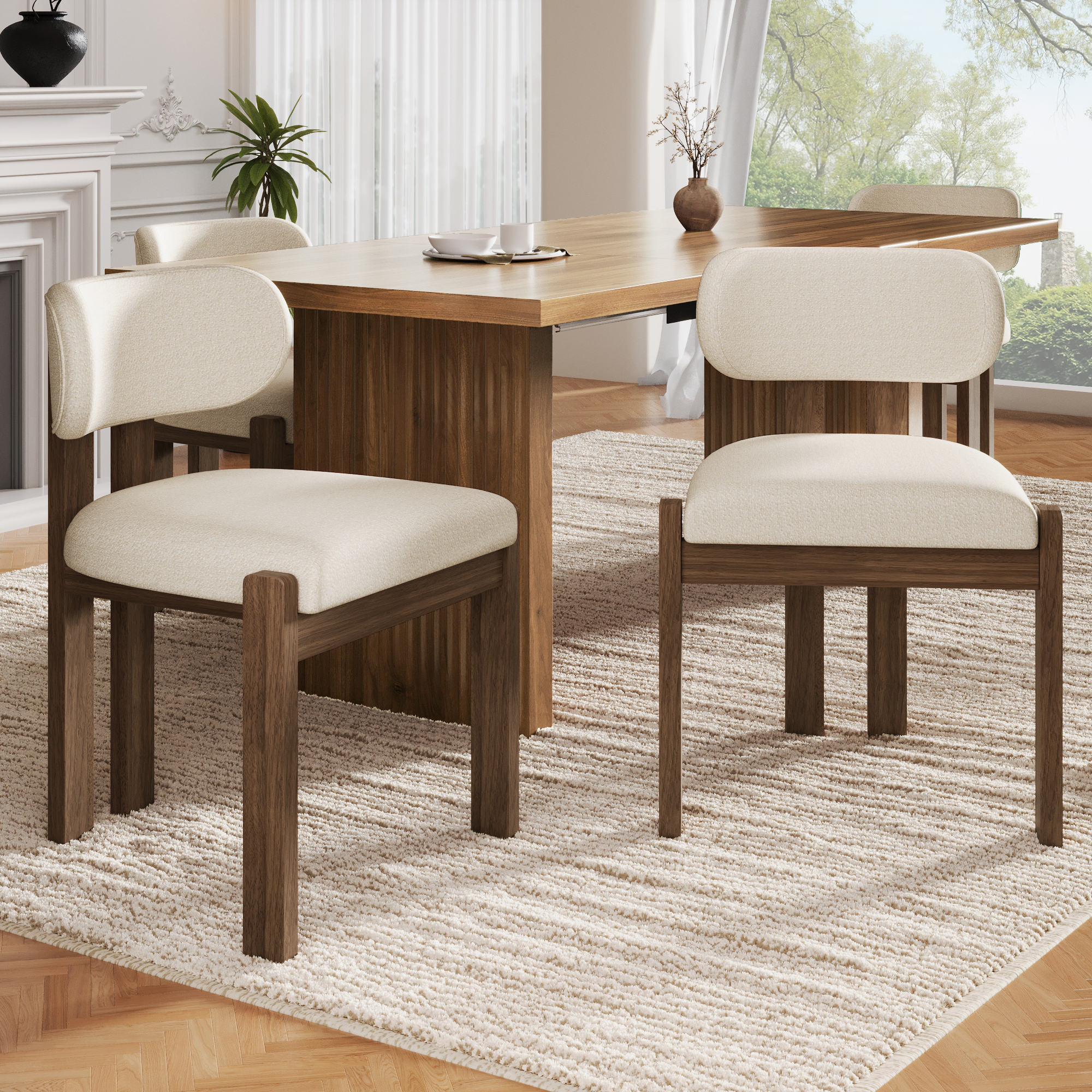 Set Of 4, Solid Wood Chairs, Dining Chairs, Suitable For Homes, Restaurants, Living Rooms, And Cafes, Boucle, Walnut Wood Color