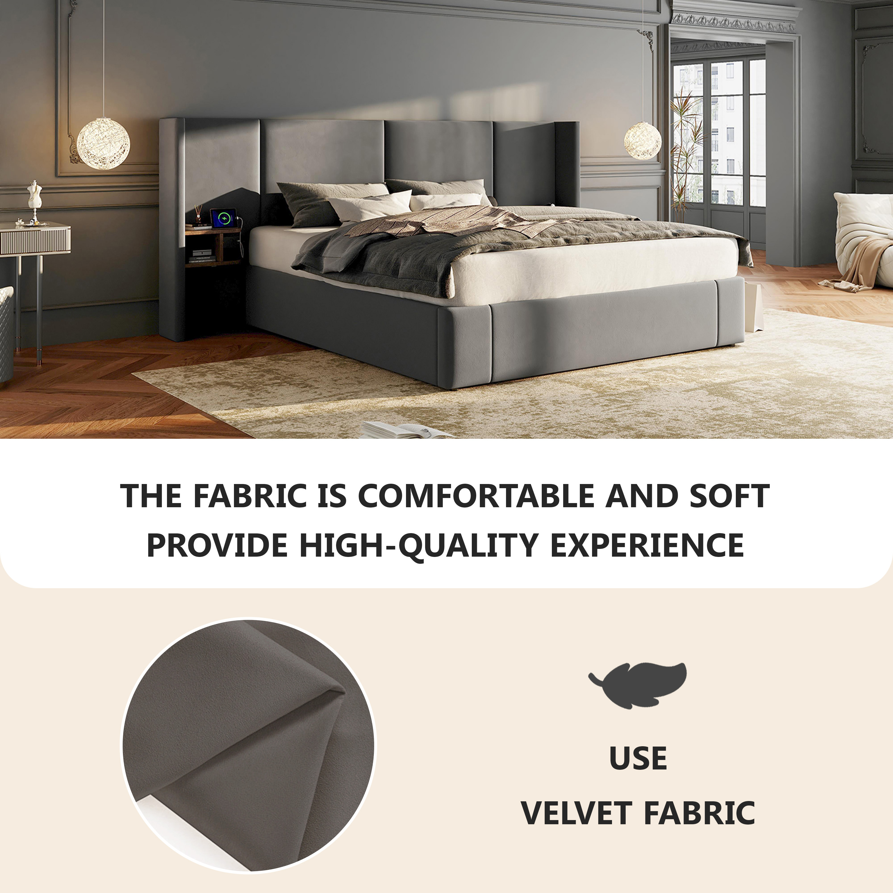 Upholstered Bed, King Size Bed-5ft150x200cm,Velvet Ottoman Lift Up King Size Bed Frame, Hydraulic Wide-ear Bed With USB Connection, With Sockets, With Two Bedside Tables,No Mattress,  Grey