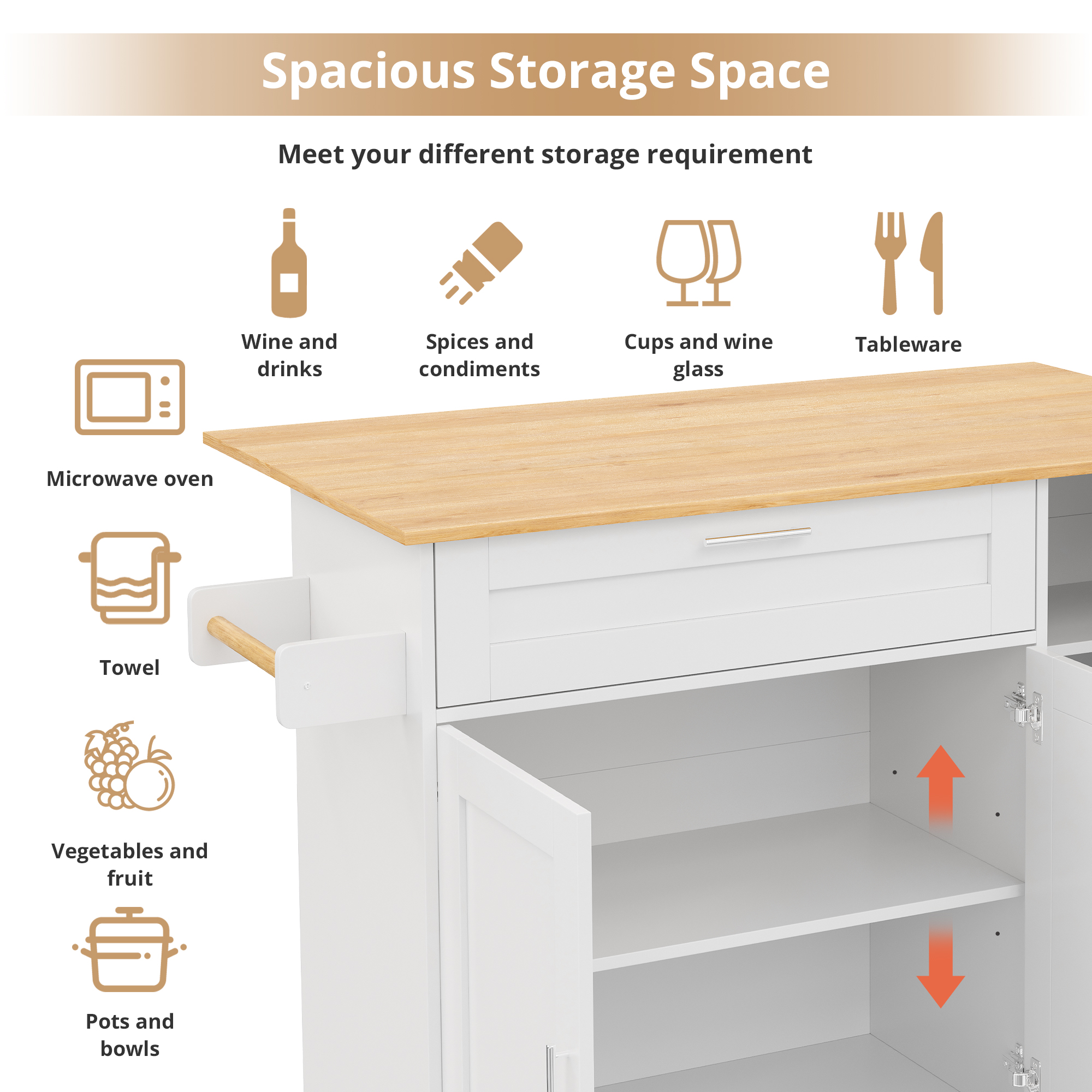 L132.5xB44    70xH90cm Large Mobile Kitchen Table, Foldable Countertop, Oak Wood Grain, Multifunctional Cabinet, Spice Rack, Towel Holder, 5 Wheels, Suitable For Kitchen Dining House