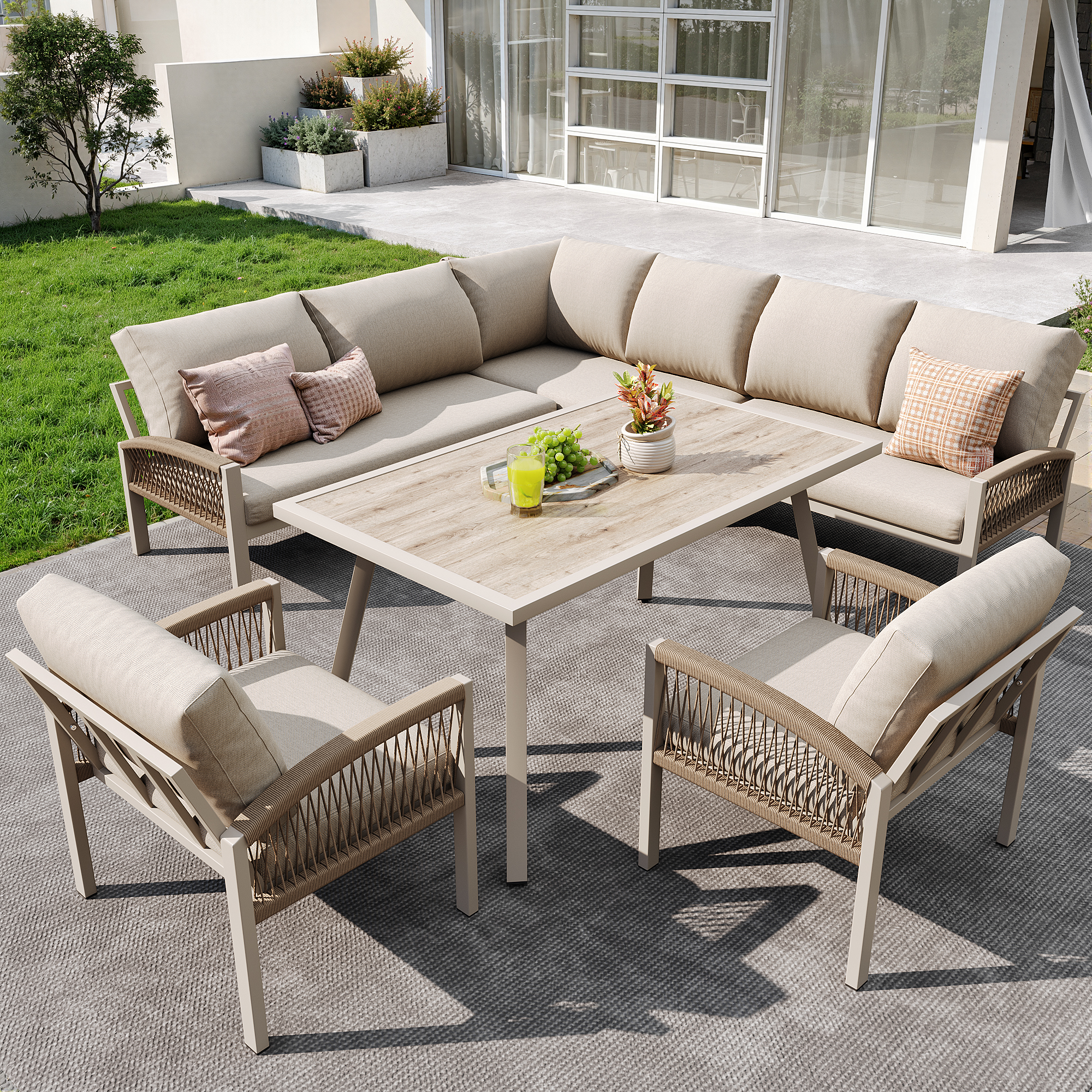 Garden Lounge Set, Furniture Set For 8 People, Ropework, Large Table With Wood Grain Finish, Galvanized Iron Frame, Adjustable Legs, All Seat And Back Cushions Included, Beige