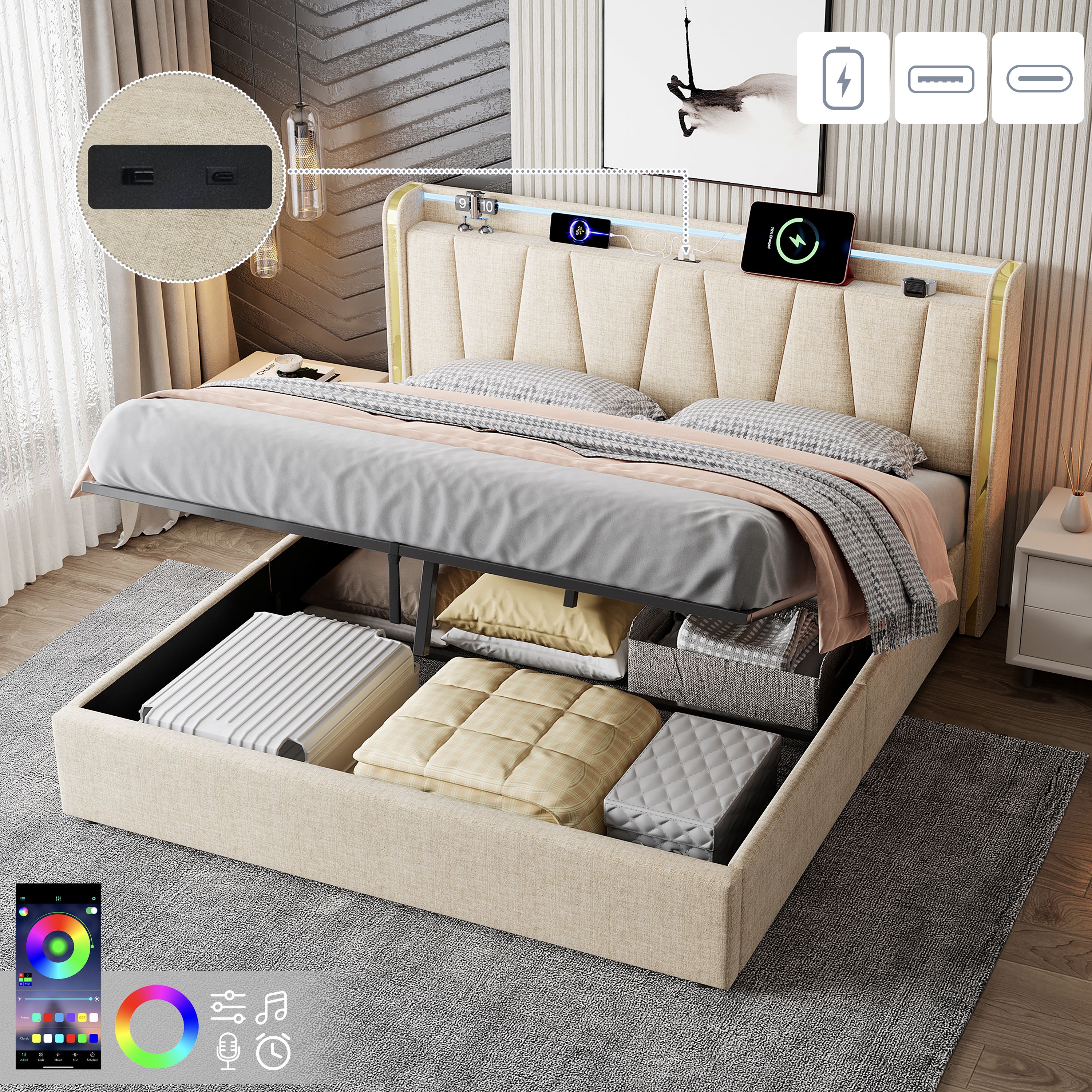 5ft King Upholstered Bed Frame With Hydraulic Storage, LED Headboard With Charging Station And Chrome Trim, USB And Type-C Ports, Linen, No Box Spring Needed, Beige No Mattress