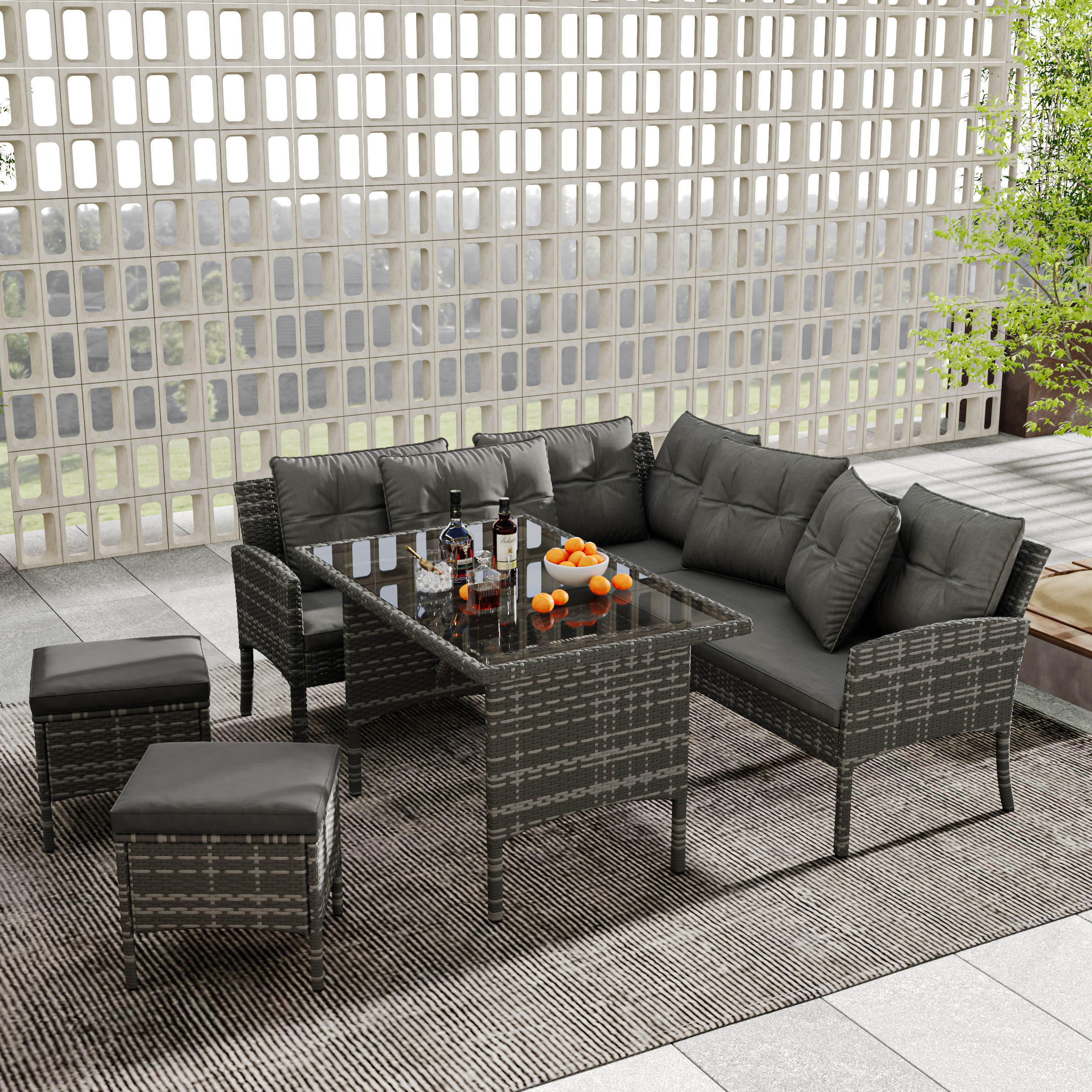Garden Furniture Sets, Garden Sofa,Garden Corner Sofa Rattan Patio Set, 6-7 Seater Outdoor Patio Furniture,Lounge Corner Sofa Set With Table Stool, Mixed Grey Wicker With Dark Grey Cushions