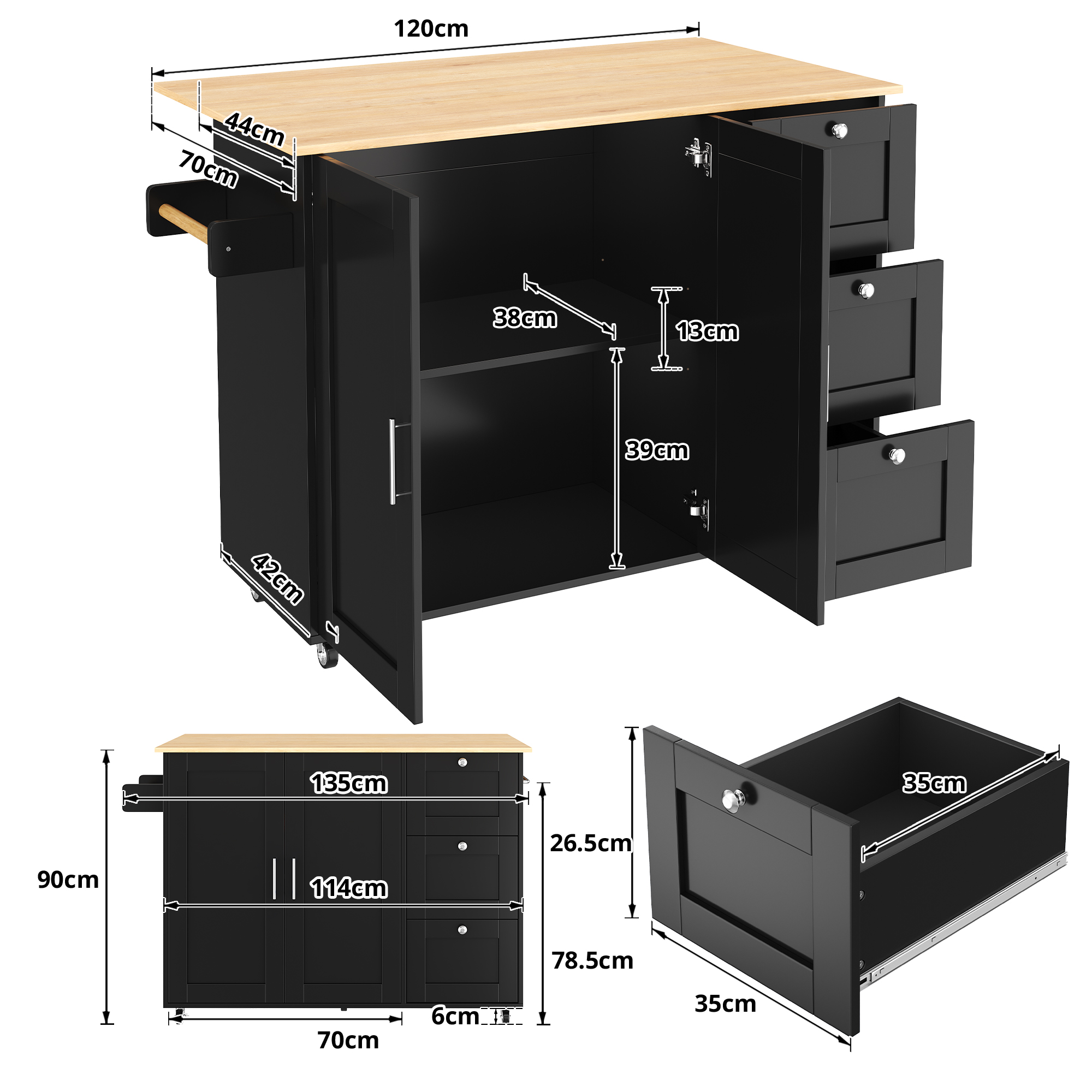 Kitchen Island On Wheels, Rolling Storage Trolley With Foldable Tabletop, 3 Drawers, 2 Doors, Lockable Swivel Wheels, Towel Rack  Versatile For Dining Room & Living Room, 135x44  70x90cm