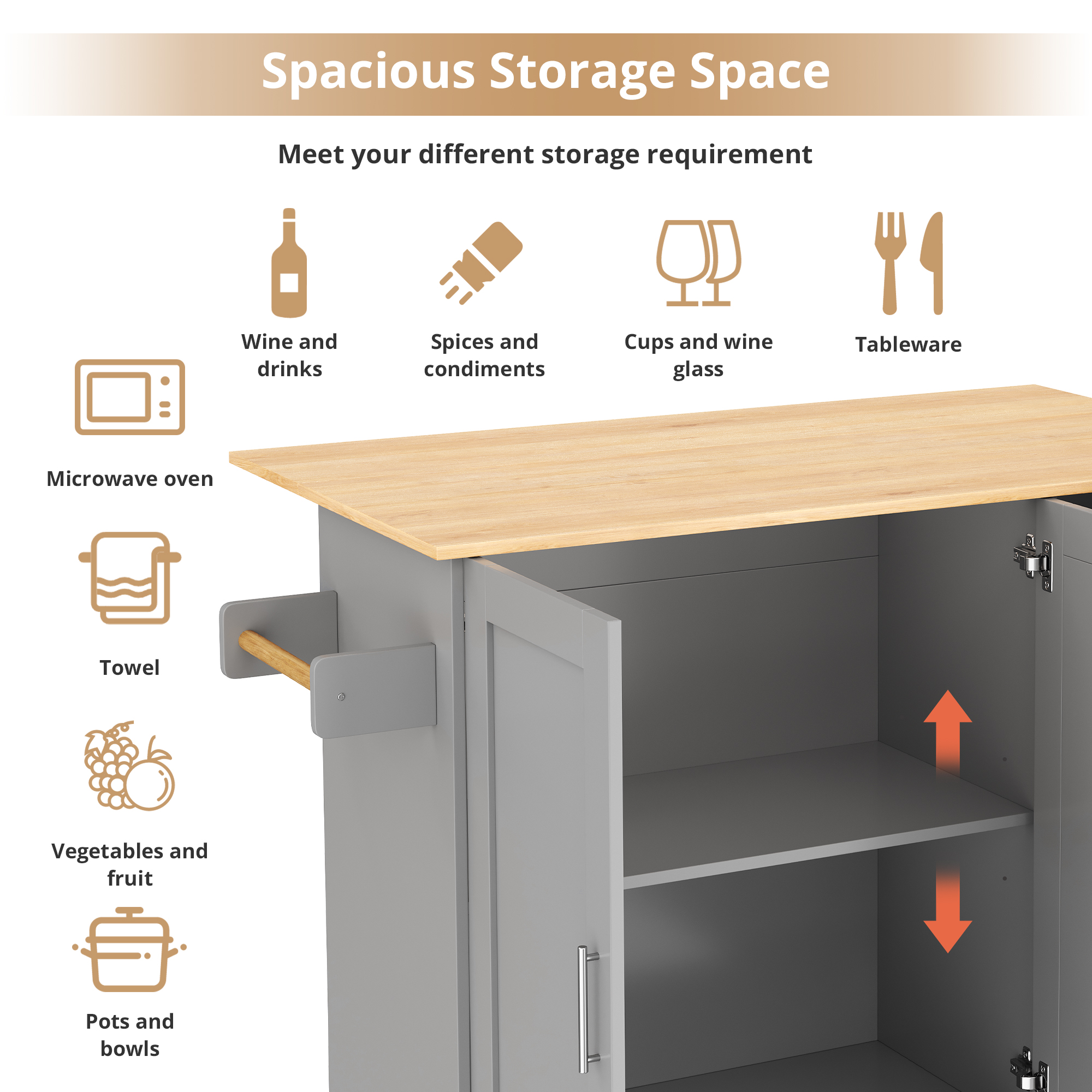 Kitchen Island On Wheels, Rolling Storage Trolley With Foldable Tabletop, 3 Drawers, 2 Doors, Lockable Swivel Wheels, Towel Rack  Versatile For Dining Room & Living Room, 135x44  70x90cm