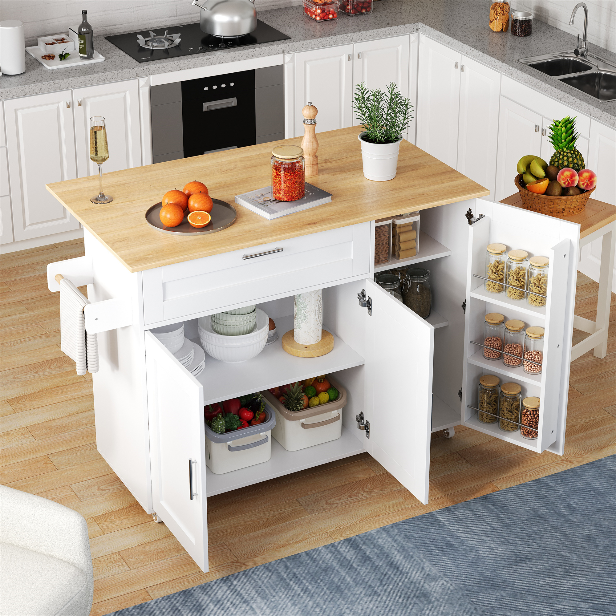 L132.5xB44    70xH90cm Large Mobile Kitchen Table, Foldable Countertop, Oak Wood Grain, Multifunctional Cabinet, Spice Rack, Towel Holder, 5 Wheels, Suitable For Kitchen Dining House