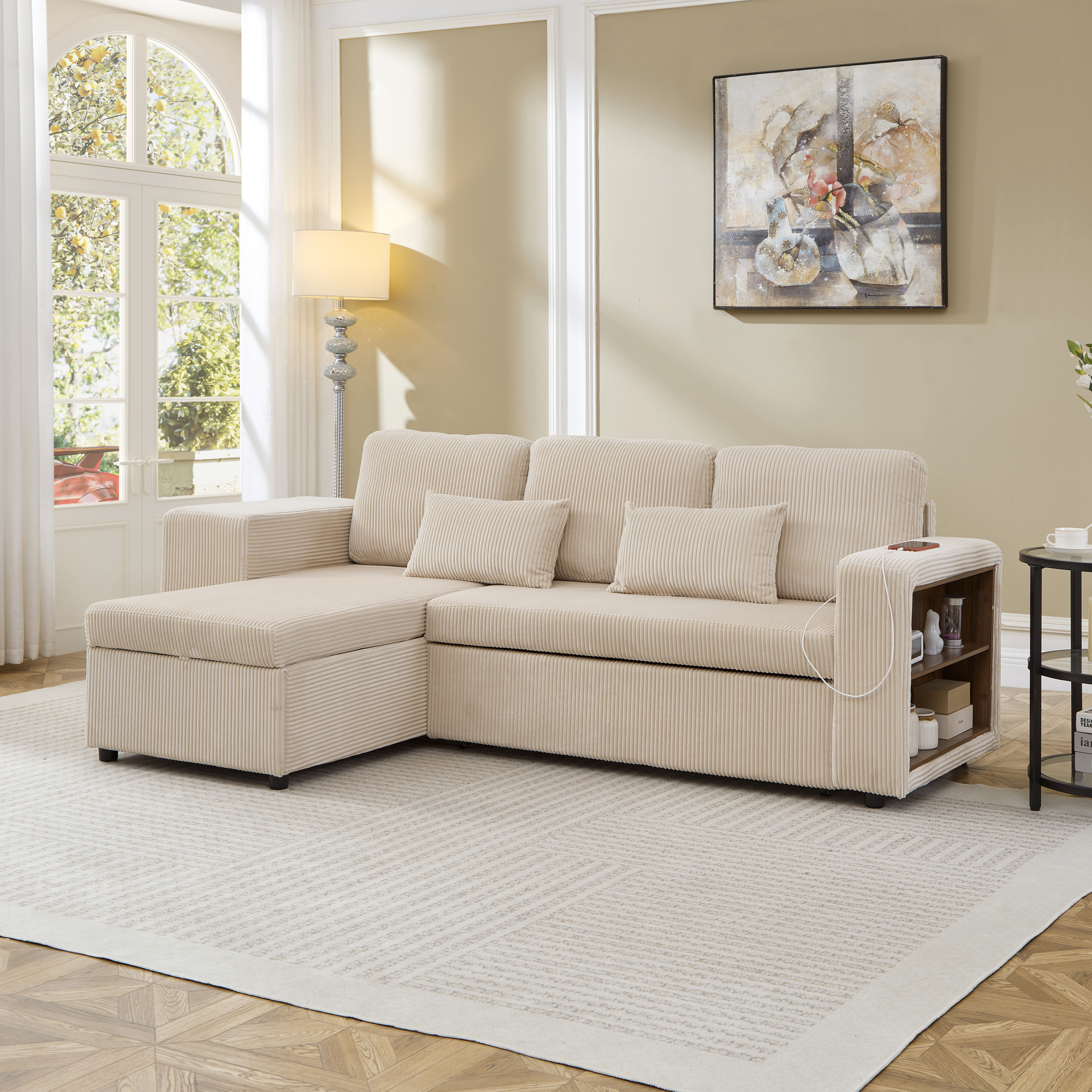 Modern L-Shaped Convertible Sofa Bed, 3-in-1 Convertible Sofa Bed With Internal Storage Chaise, Nesting Footstools, Integrated Charging Station & Adjustable Armrest Side Storage, Corduroy Fabric,Beige