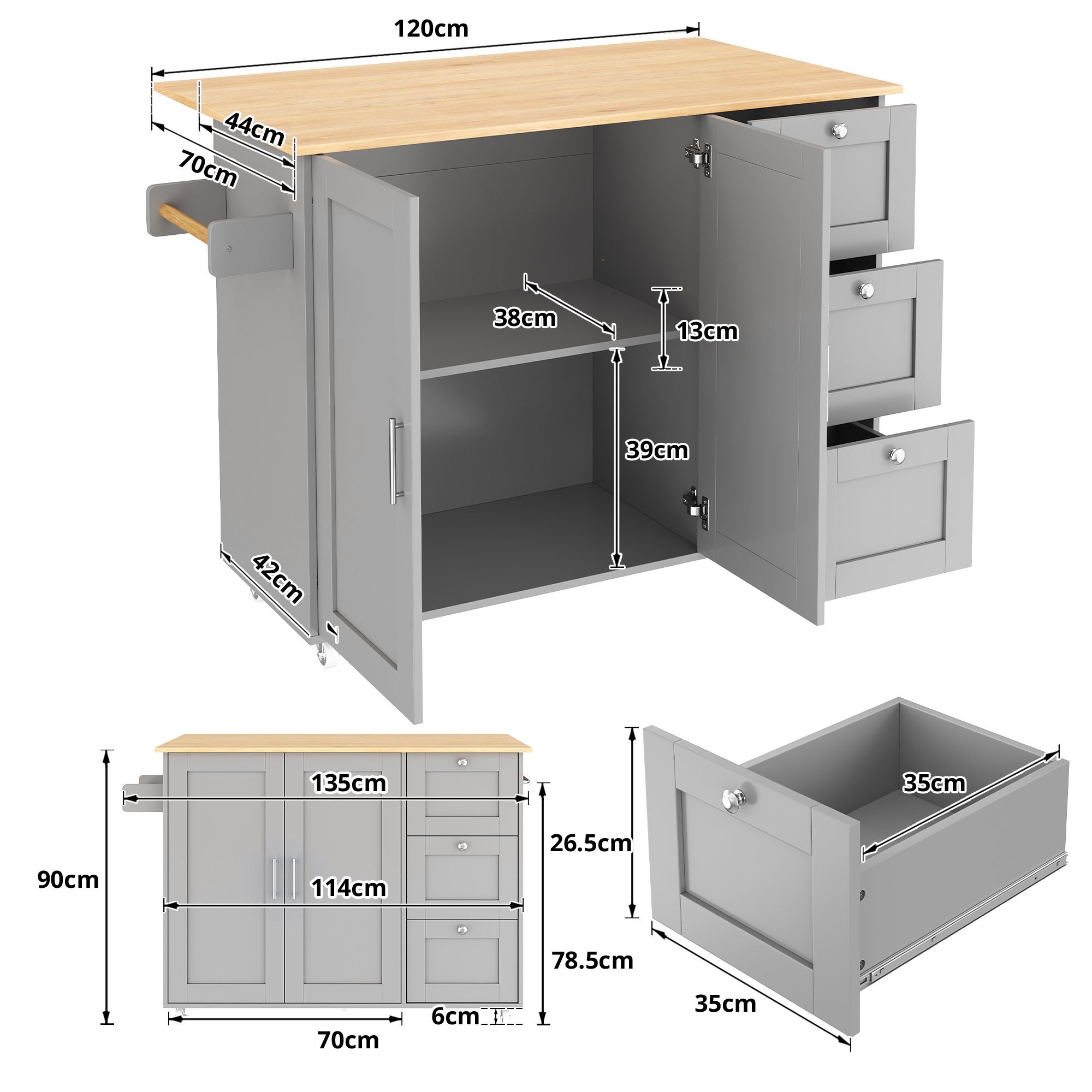 Kitchen Island On Wheels, Rolling Storage Trolley With Foldable Tabletop, 3 Drawers, 2 Doors, Lockable Swivel Wheels, Towel Rack  Versatile For Dining Room & Living Room, 135x44  70x90cm