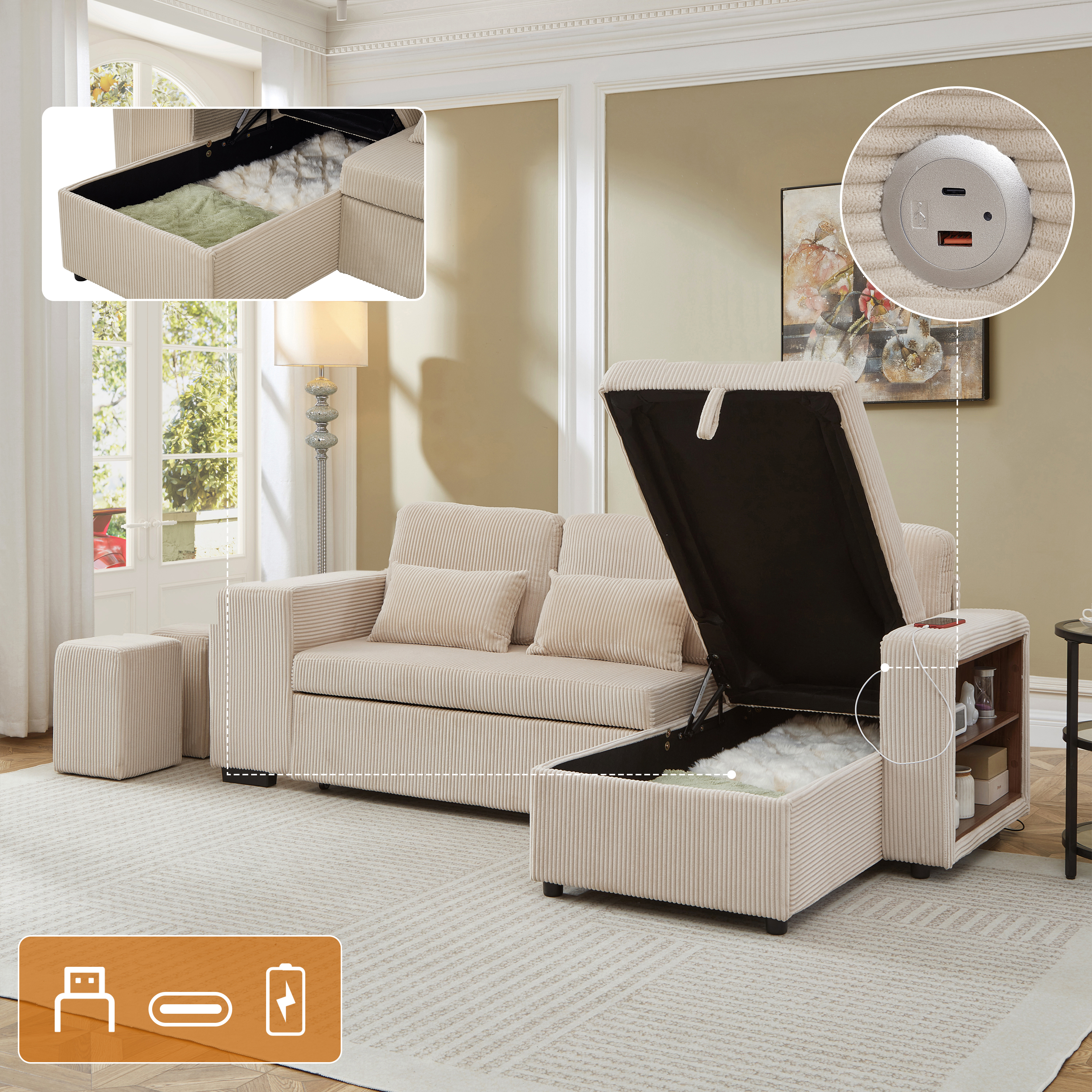 Modern L-Shaped Convertible Sofa Bed, 3-in-1 Convertible Sofa Bed With Internal Storage Chaise, Nesting Footstools, Integrated Charging Station & Adjustable Armrest Side Storage, Corduroy Fabric,Beige