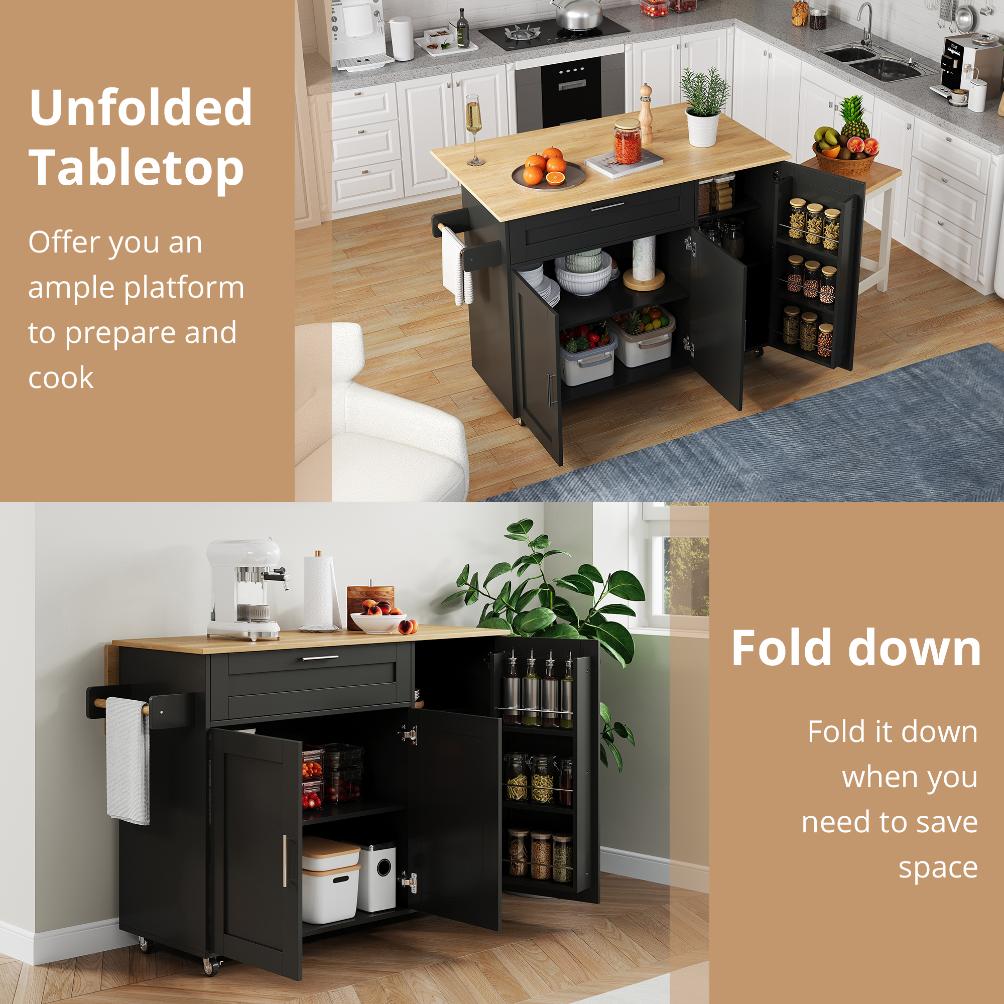 132.5x44   70x90cm Kitchen Island On Wheels, Rolling Storage Trolley With Foldable Tabletop, Multifunctional Cabinet, Spice Rack, Towel Holder, 5 Wheels, Suitable For Kitchen  Dining House