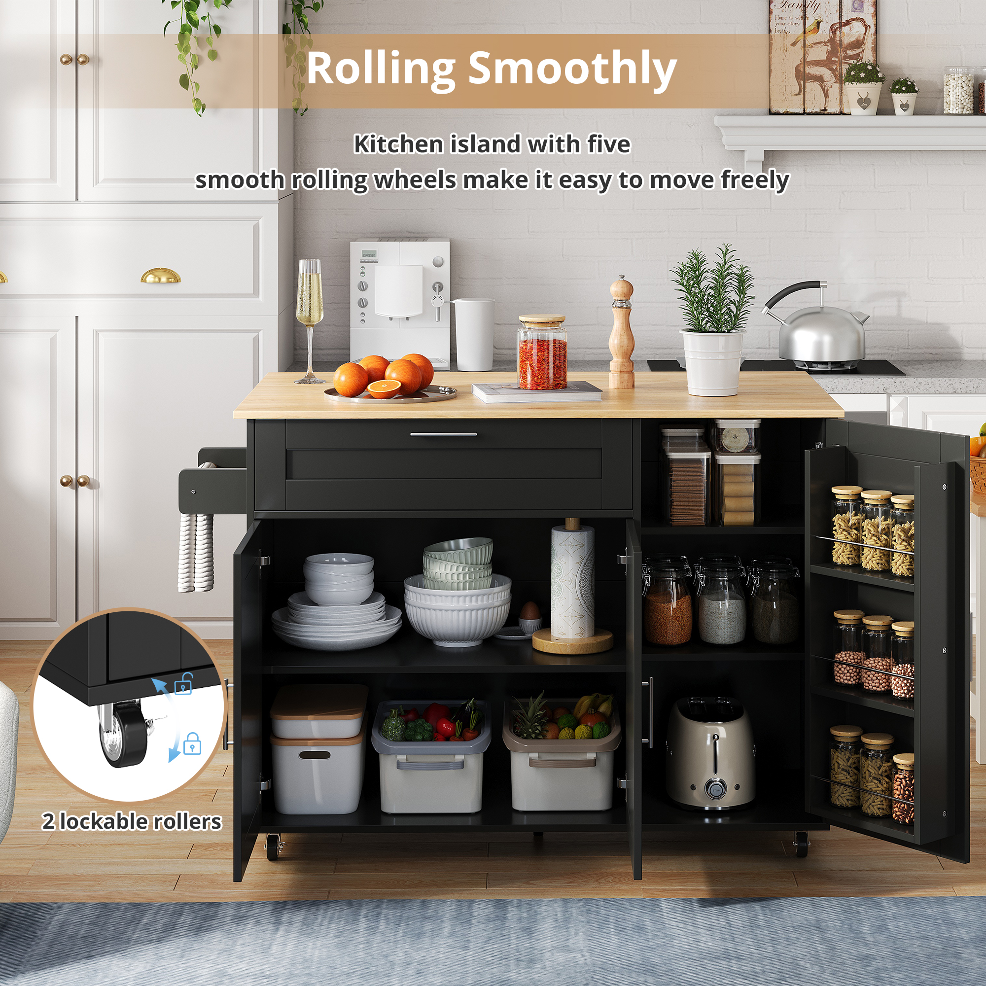 132.5x44   70x90cm Kitchen Island On Wheels, Rolling Storage Trolley With Foldable Tabletop, Multifunctional Cabinet, Spice Rack, Towel Holder, 5 Wheels, Suitable For Kitchen  Dining House