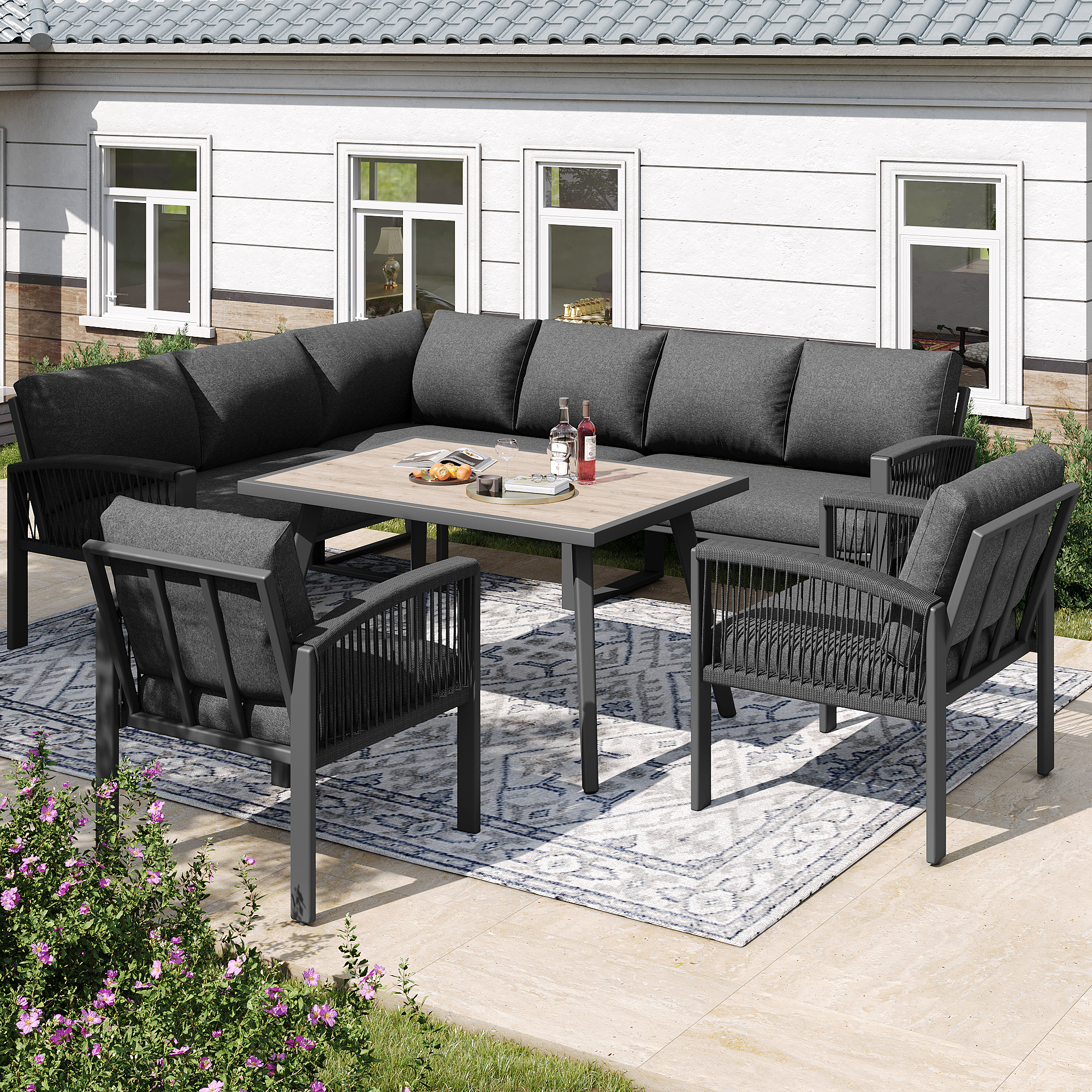 Garden Lounge Set, Furniture Set For 8 People, Ropework, Large Table With Wood Grain Finish, Galvanized Iron Frame, Adjustable Legs, All Seat And Back Cushions Included, Gray