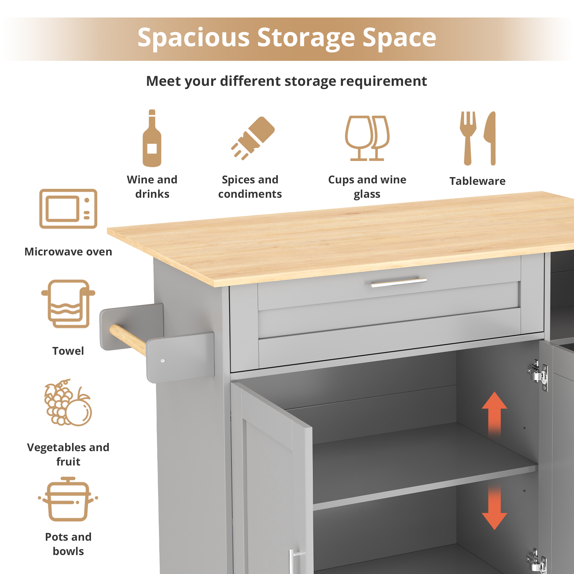 132.5x44  70x90cm Kitchen Island On Wheels, Rolling Storage Trolley With Foldable Tabletop, Multifunctional Cabinet, Spice Rack, Towel Holder, 5 Wheels, Suitable For Kitchen Dining House